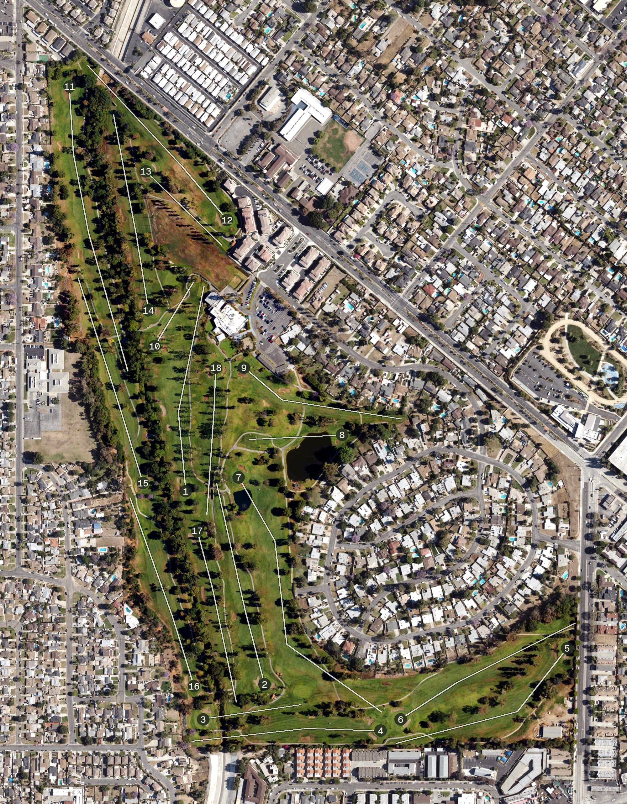 Aerial view of Candlewood Country Club, CA, with its hole routing marked