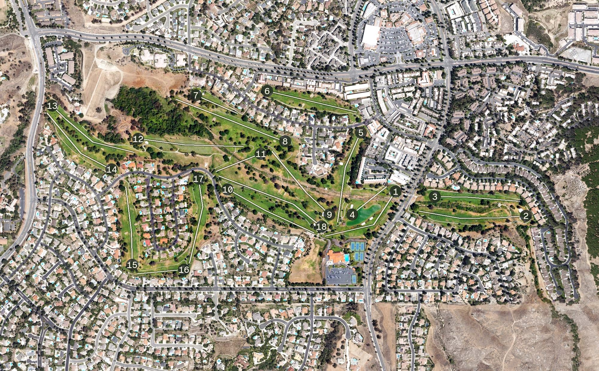Aerial view of Canyon Crest Country Club, CA, with its hole routing marked