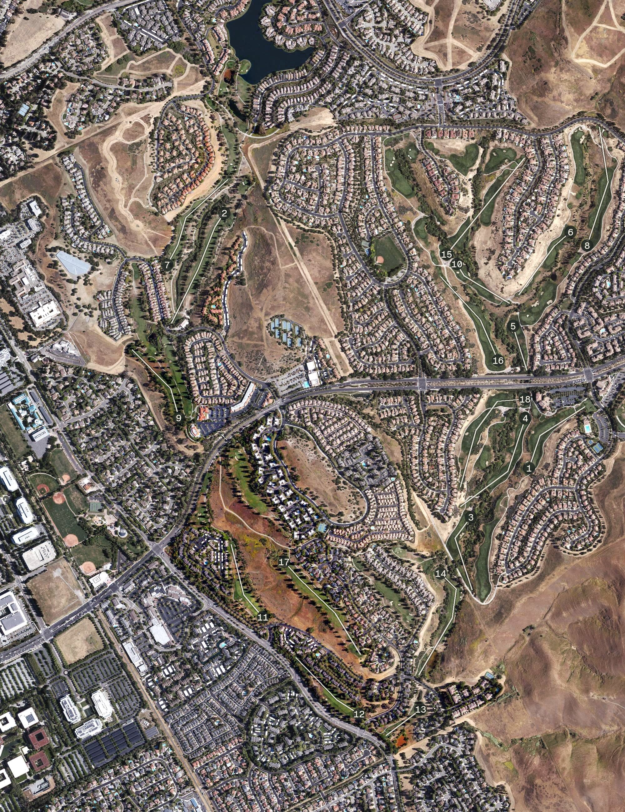 Aerial view of Canyon Lakes Golf Course & Brewery;Canyon Lakes Golf Club, CA, with its hole routing marked