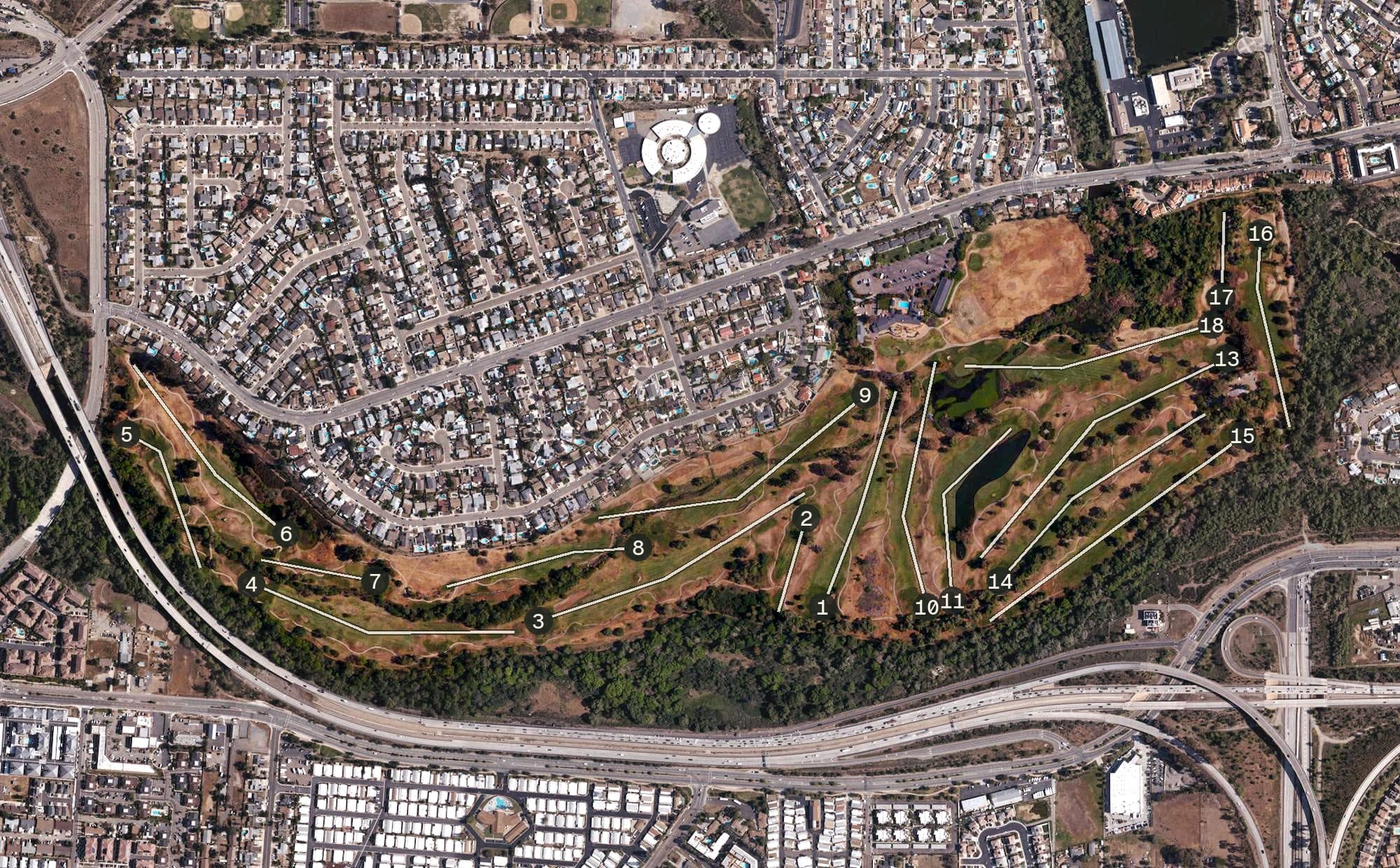 Aerial view of Carlton Oaks Golf, CA, with its hole routing marked