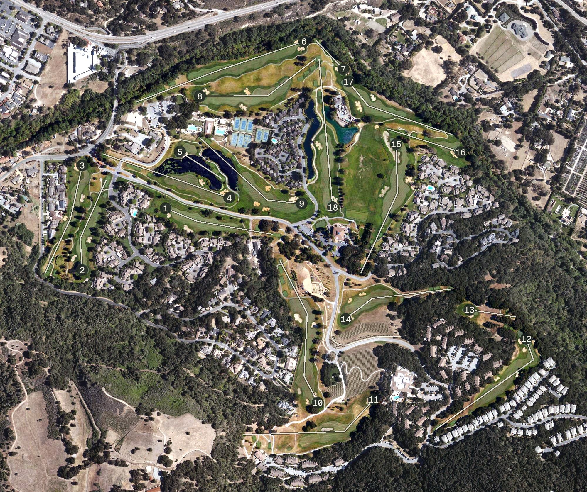 Aerial view of Carmel Valley Ranch Golf Course, CA, with its hole routing marked