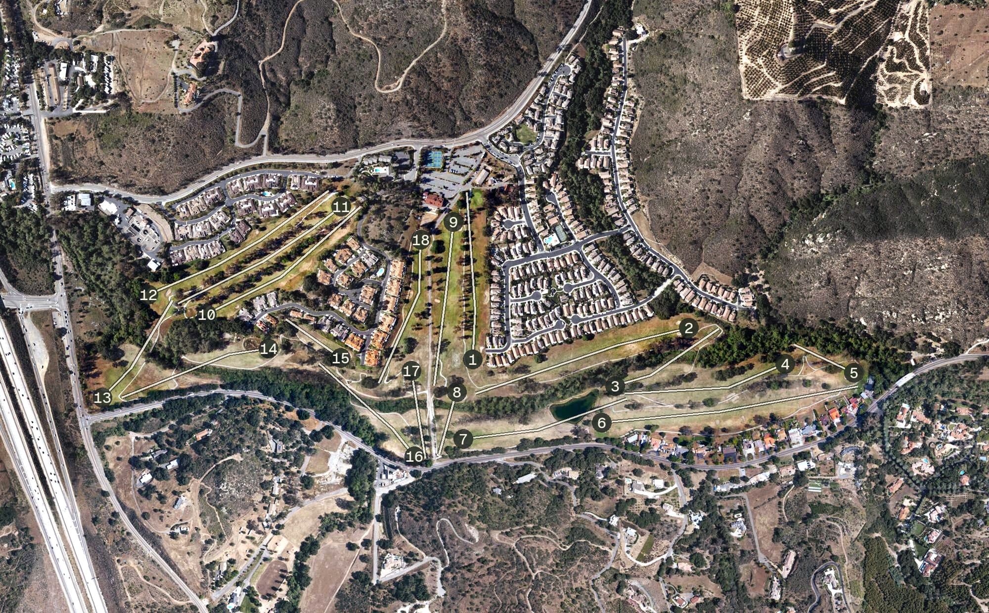 Aerial view of Castle Creek Country Club, CA, with its hole routing marked