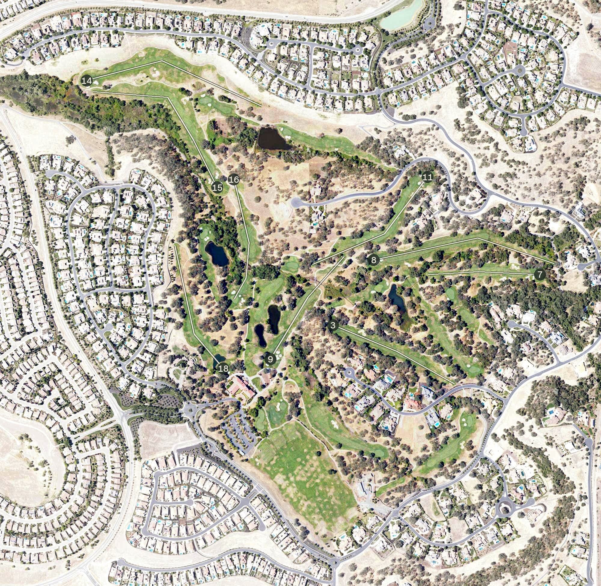 Aerial view of Catta Verdera Country Club, CA, with its hole routing marked