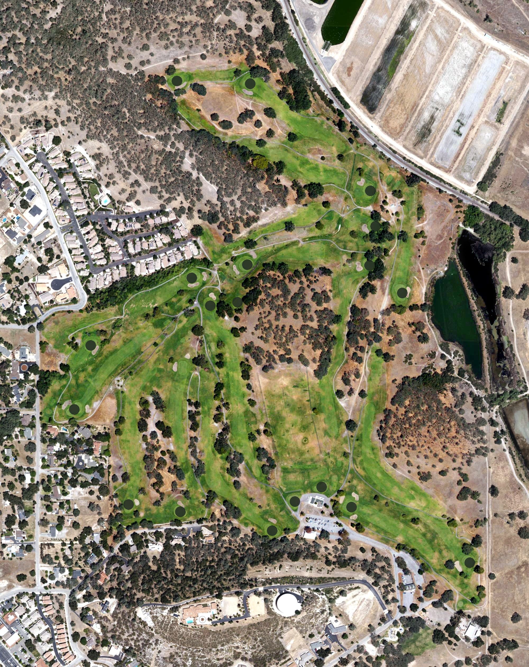Aerial view of Chalk Mountain Golf Course, CA, with its hole routing marked