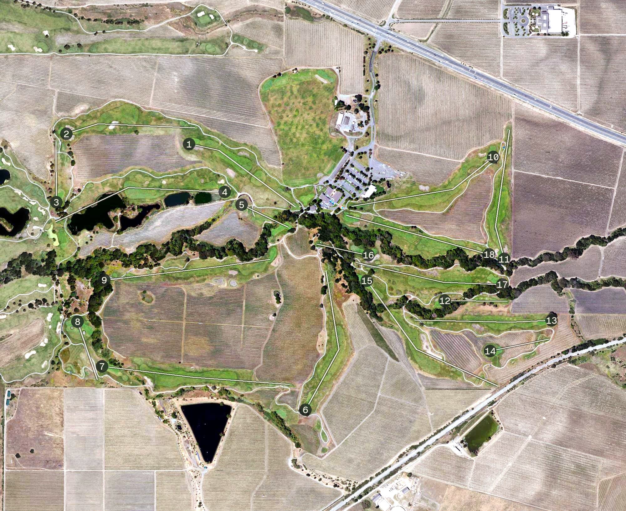 Aerial view of Chardonnay Golf Club, CA, with its hole routing marked