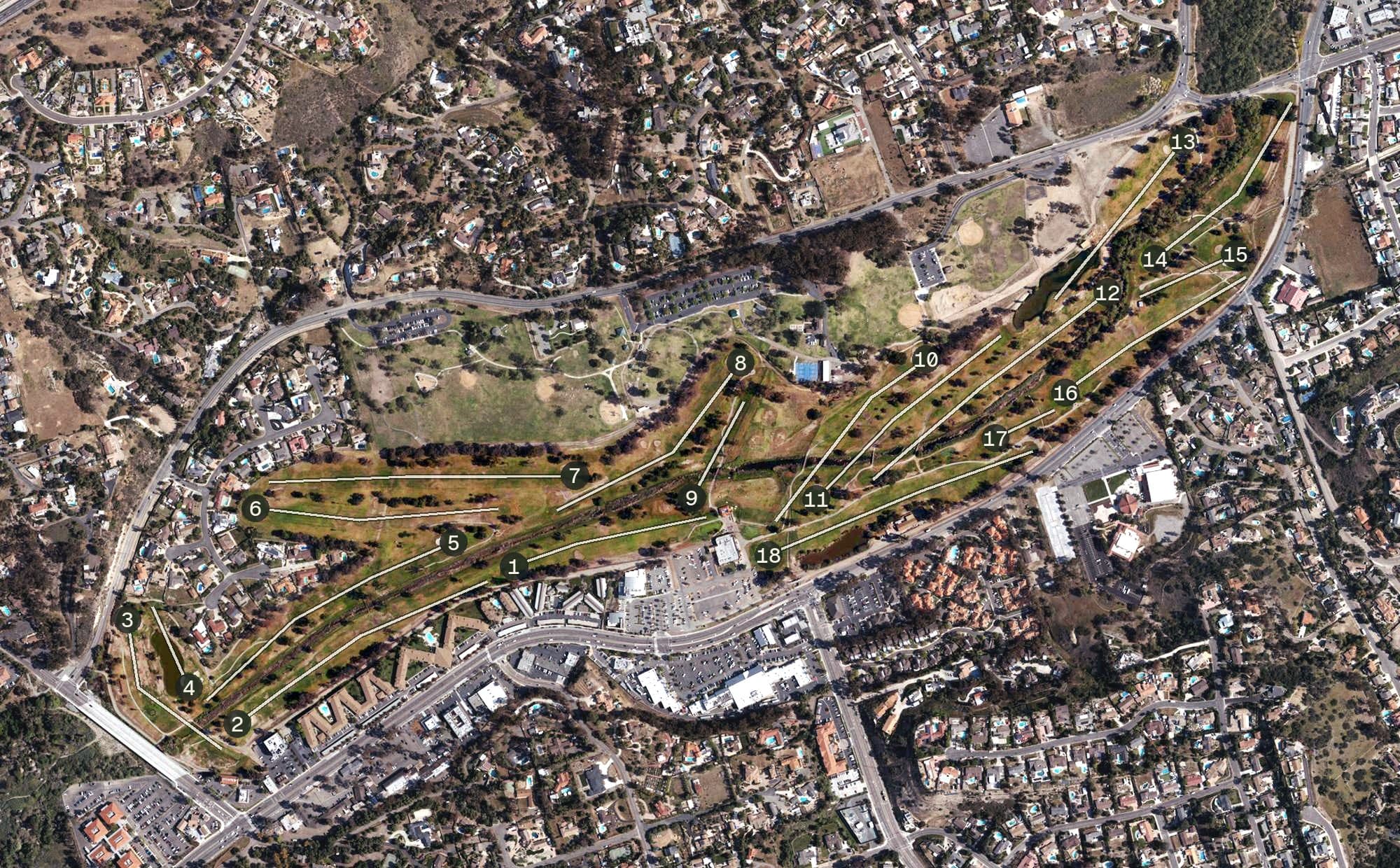 Aerial view of Chula Vista Golf Course, CA, with its hole routing marked