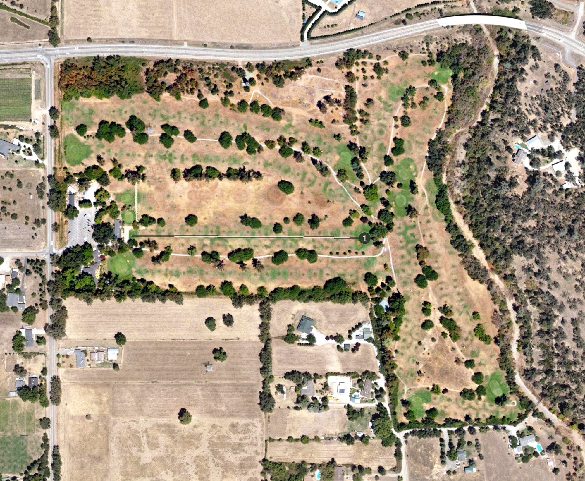 Aerial view of Churn Creek Golf Course, CA, with its hole routing marked
