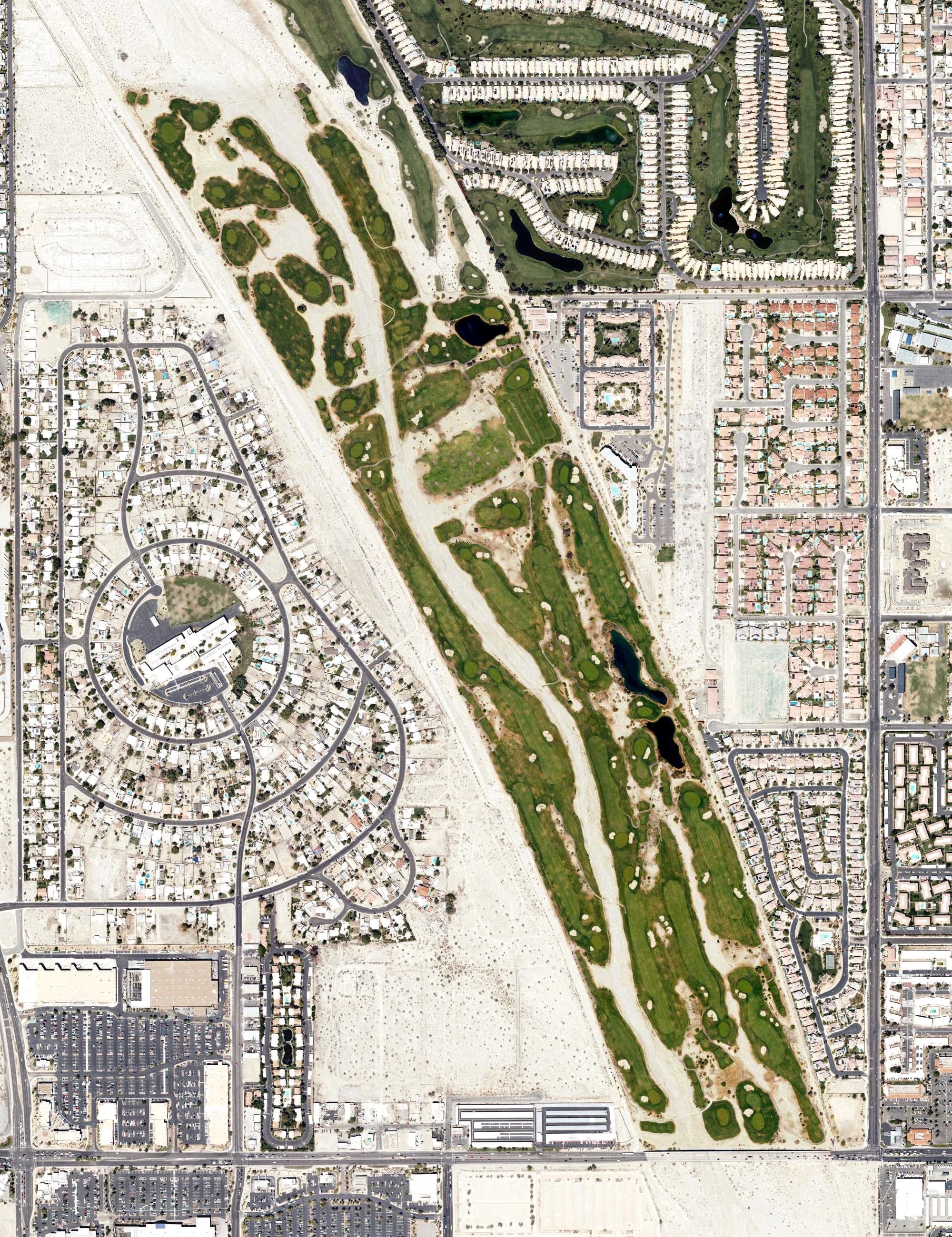 Aerial view of Cimarron Golf Club, CA, with its hole routing marked