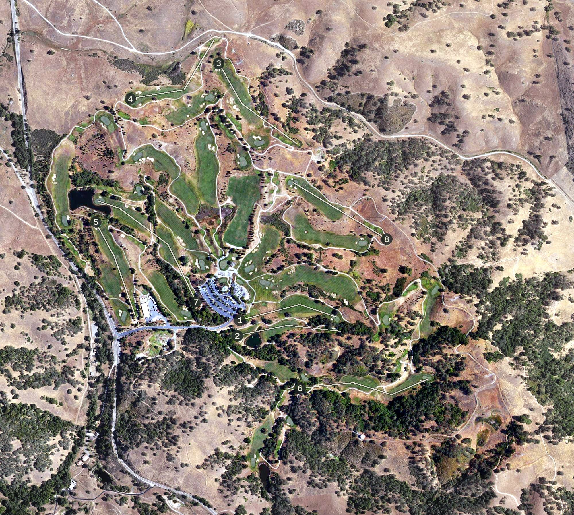 Aerial view of Cinnabar Hills Golf Club, CA, with its hole routing marked