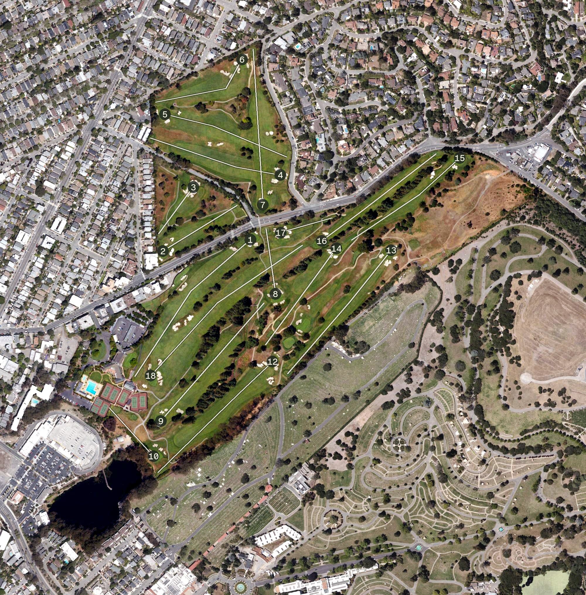 Aerial view of Claremont Country Club, CA, with its hole routing marked