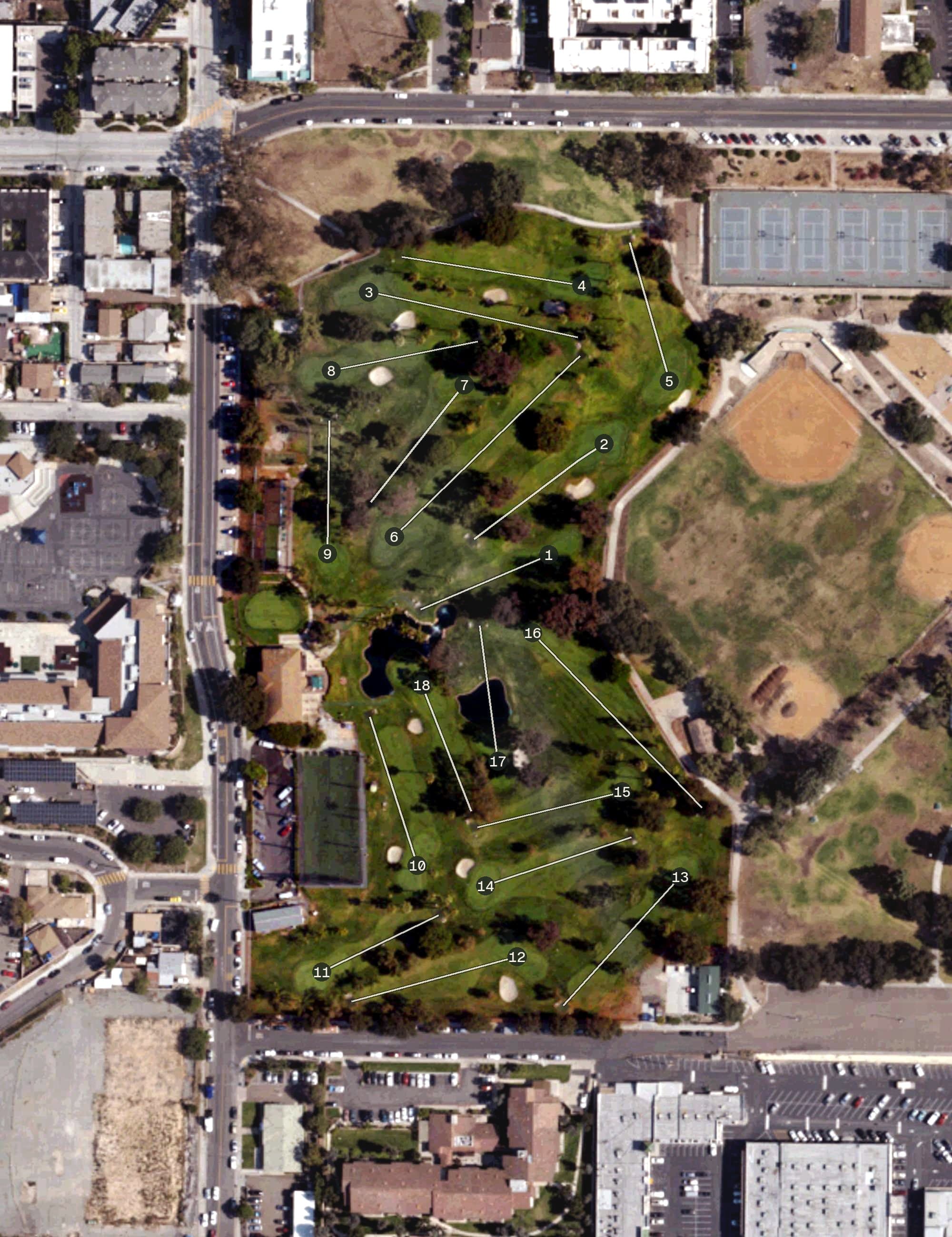 Aerial view of Colina Park Golf Course, CA, with its hole routing marked