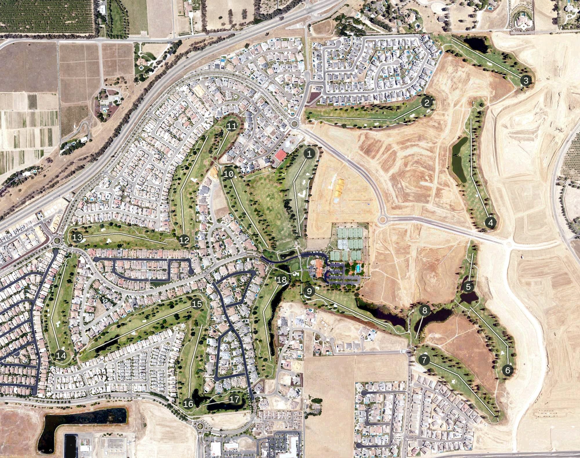 Aerial view of Copper River Country Club, CA, with its hole routing marked