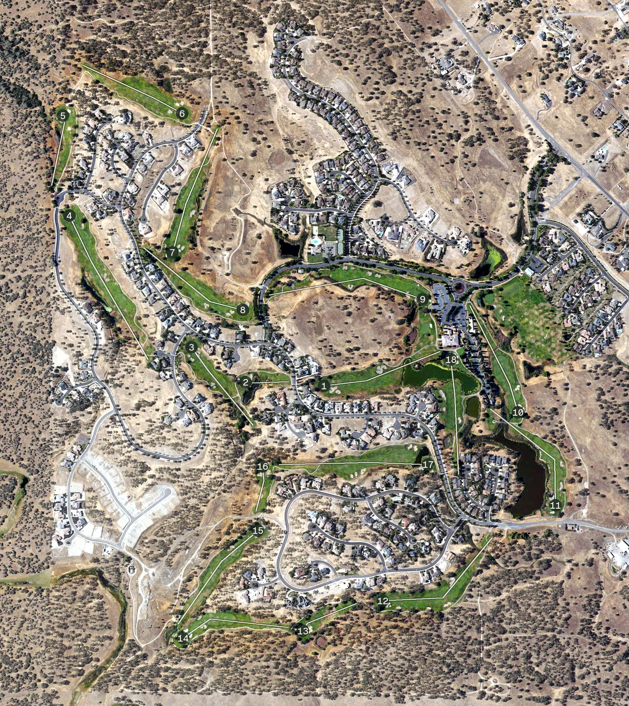 Aerial view of Copper Valley Golf Club, CA, with its hole routing marked