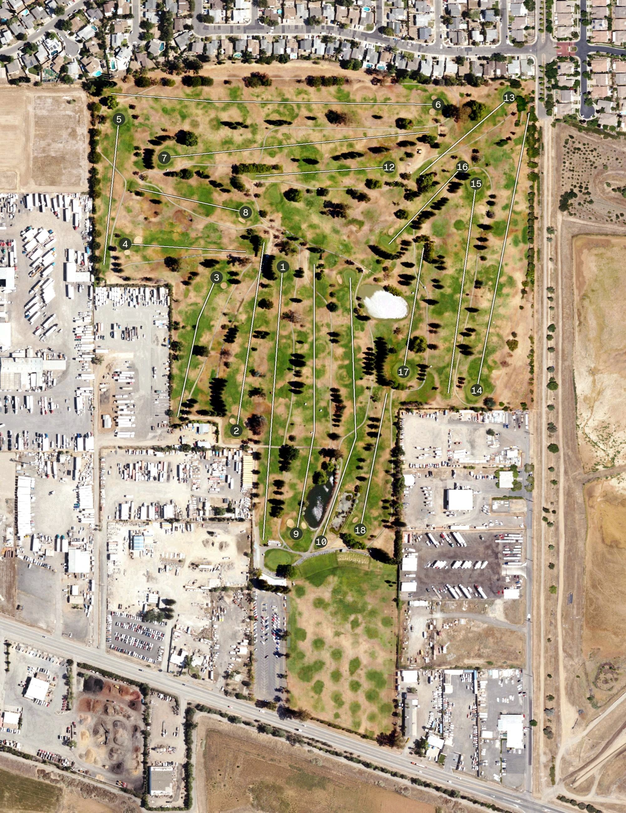 Aerial view of Cordova Golf Course, CA, with its hole routing marked