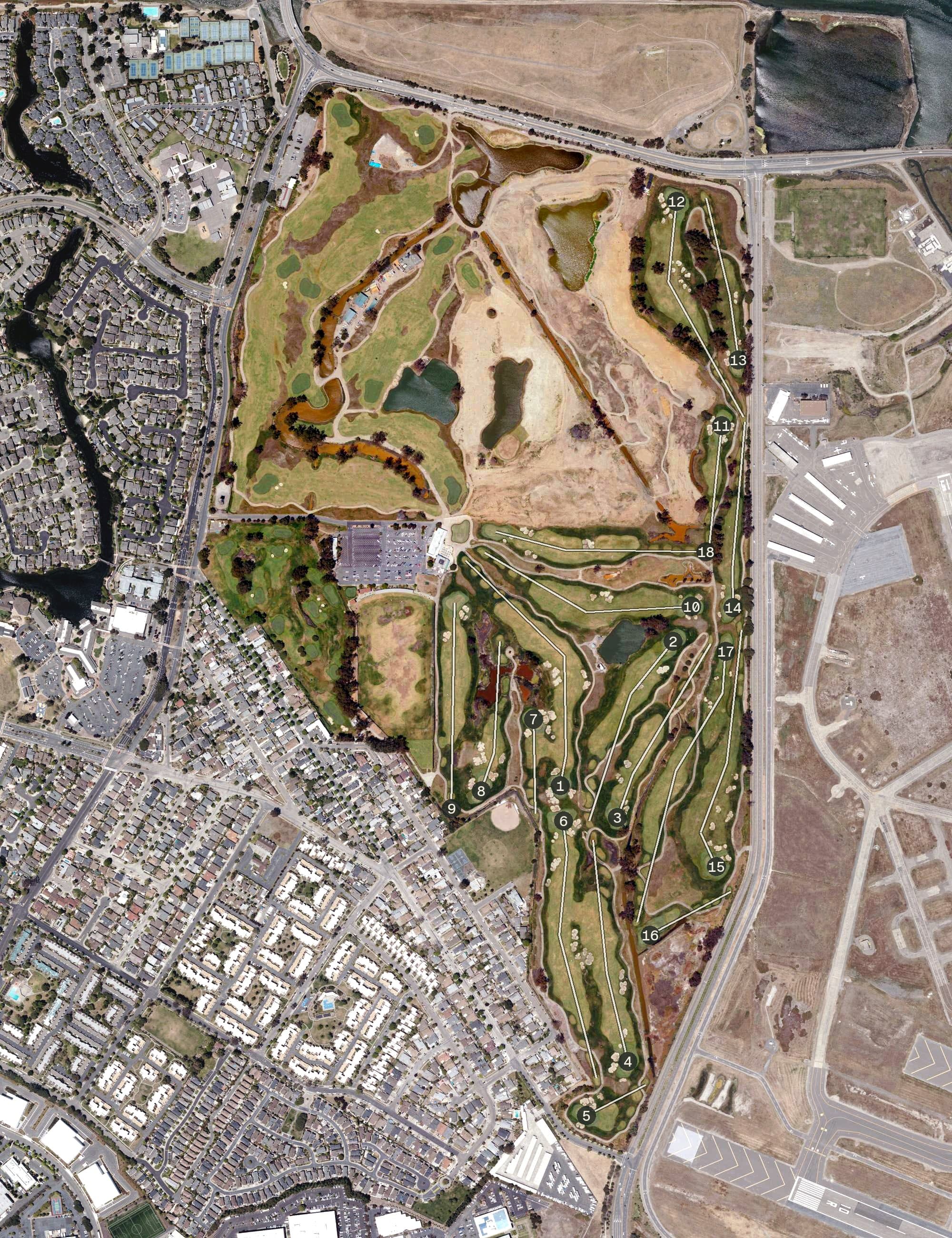 Aerial view of Corica Park Golf Course, CA, with its hole routing marked