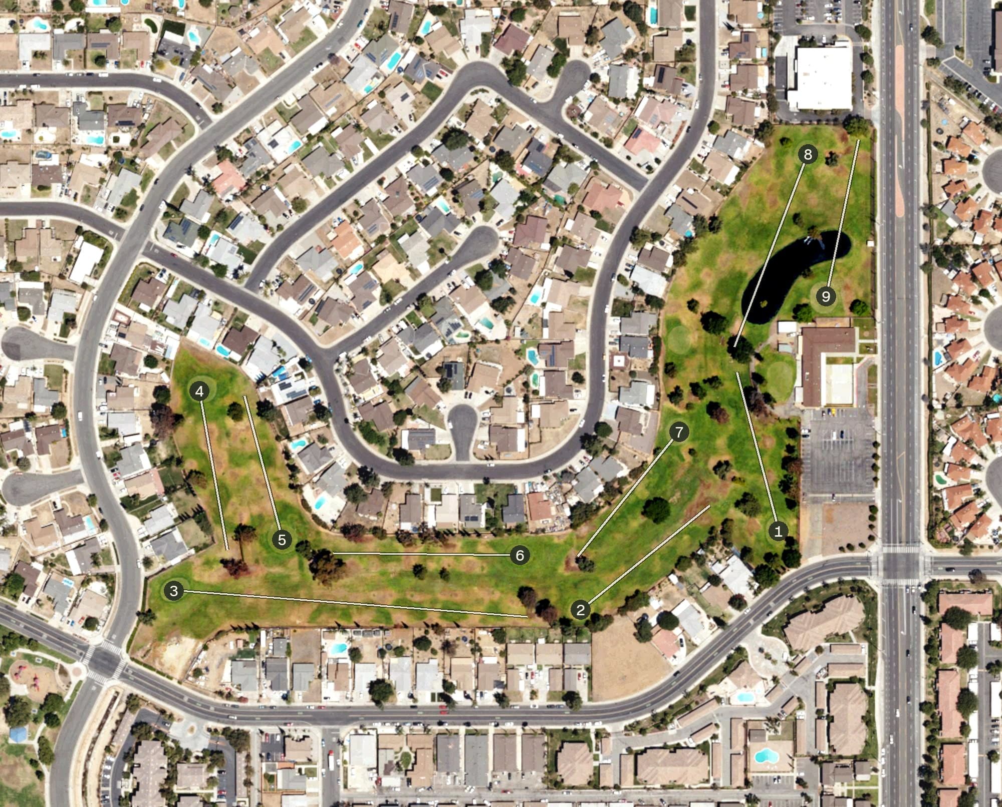 Aerial view of Cottonwood Golf Center, CA, with its hole routing marked