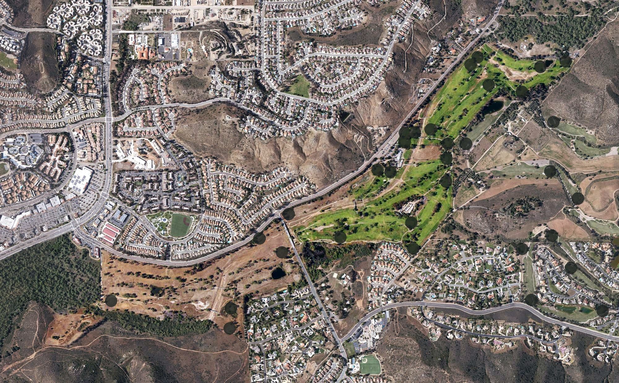 Aerial view of Cottonwood Golf Club, CA, with its hole routing marked