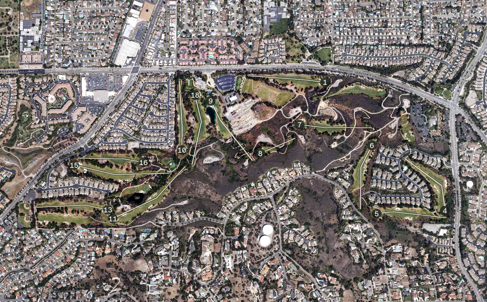 Aerial view of Coyote Hills Golf Course, CA, with its hole routing marked