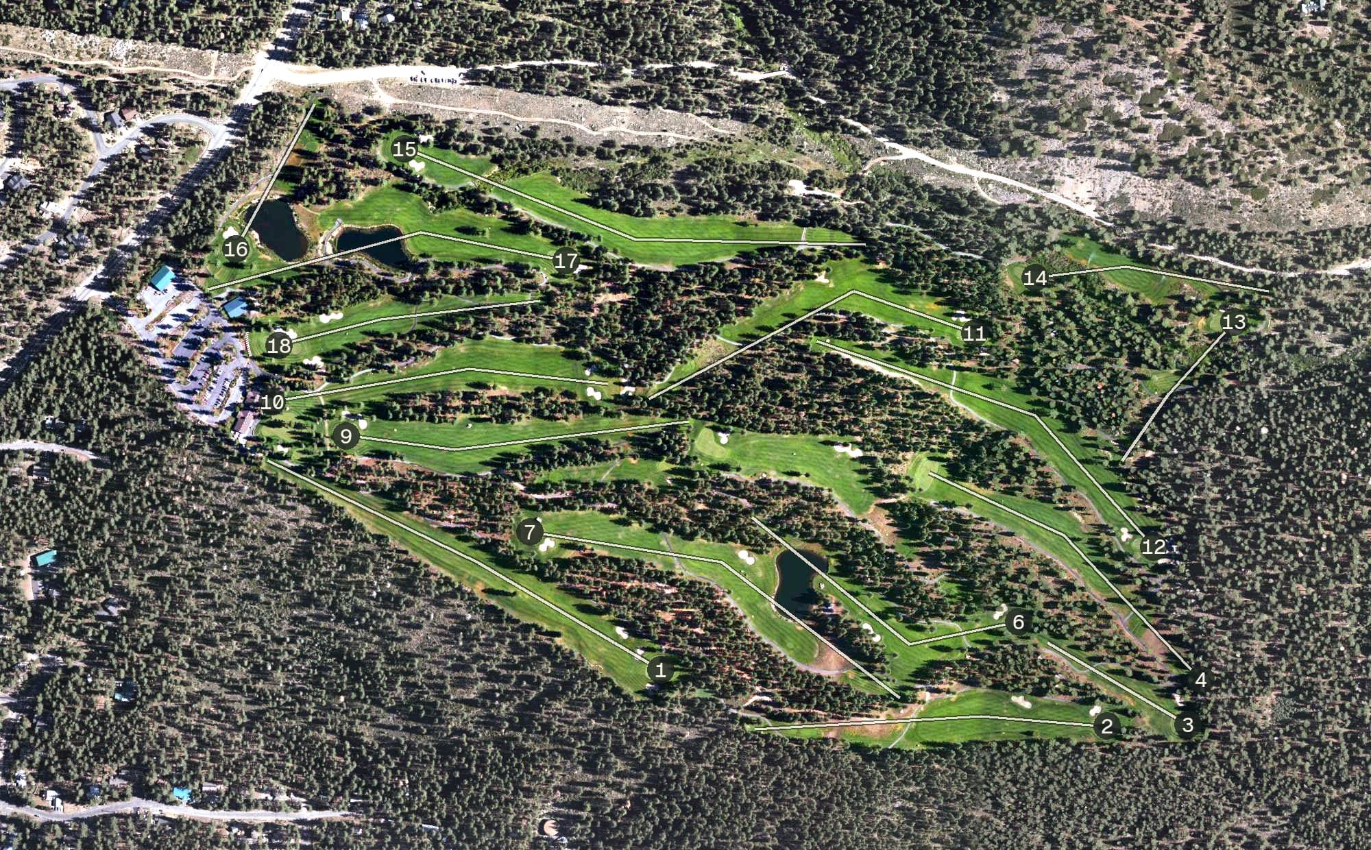 Aerial view of Coyote Moon Golf Course, CA, with its hole routing marked