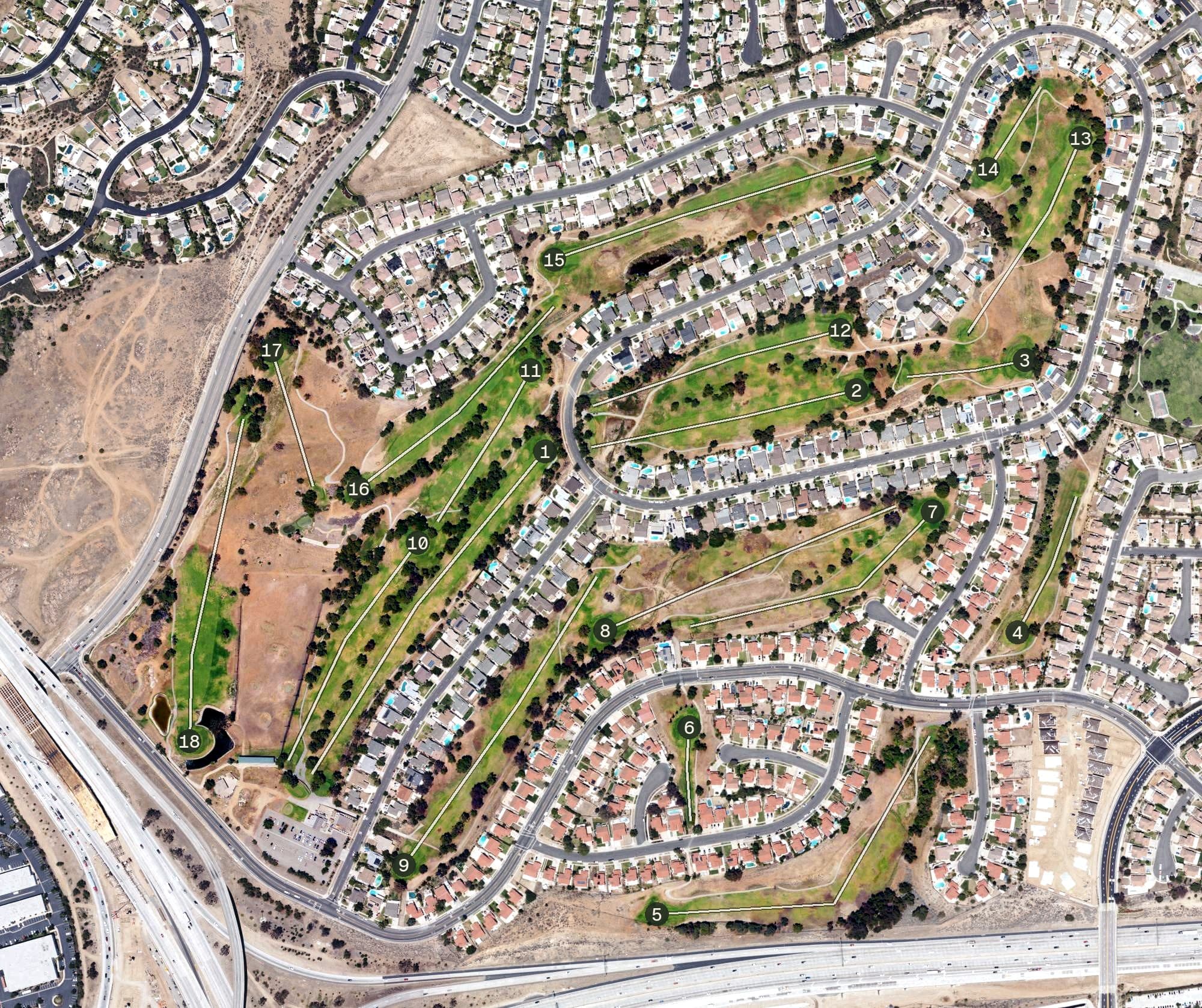 Aerial view of Cresta Verde Golf Club, CA, with its hole routing marked