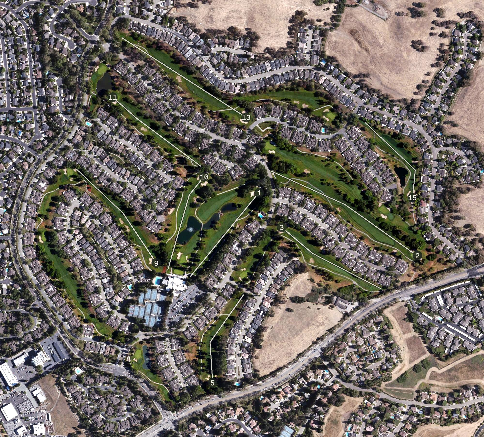 Aerial view of Crow Canyon Country Club, CA, with its hole routing marked