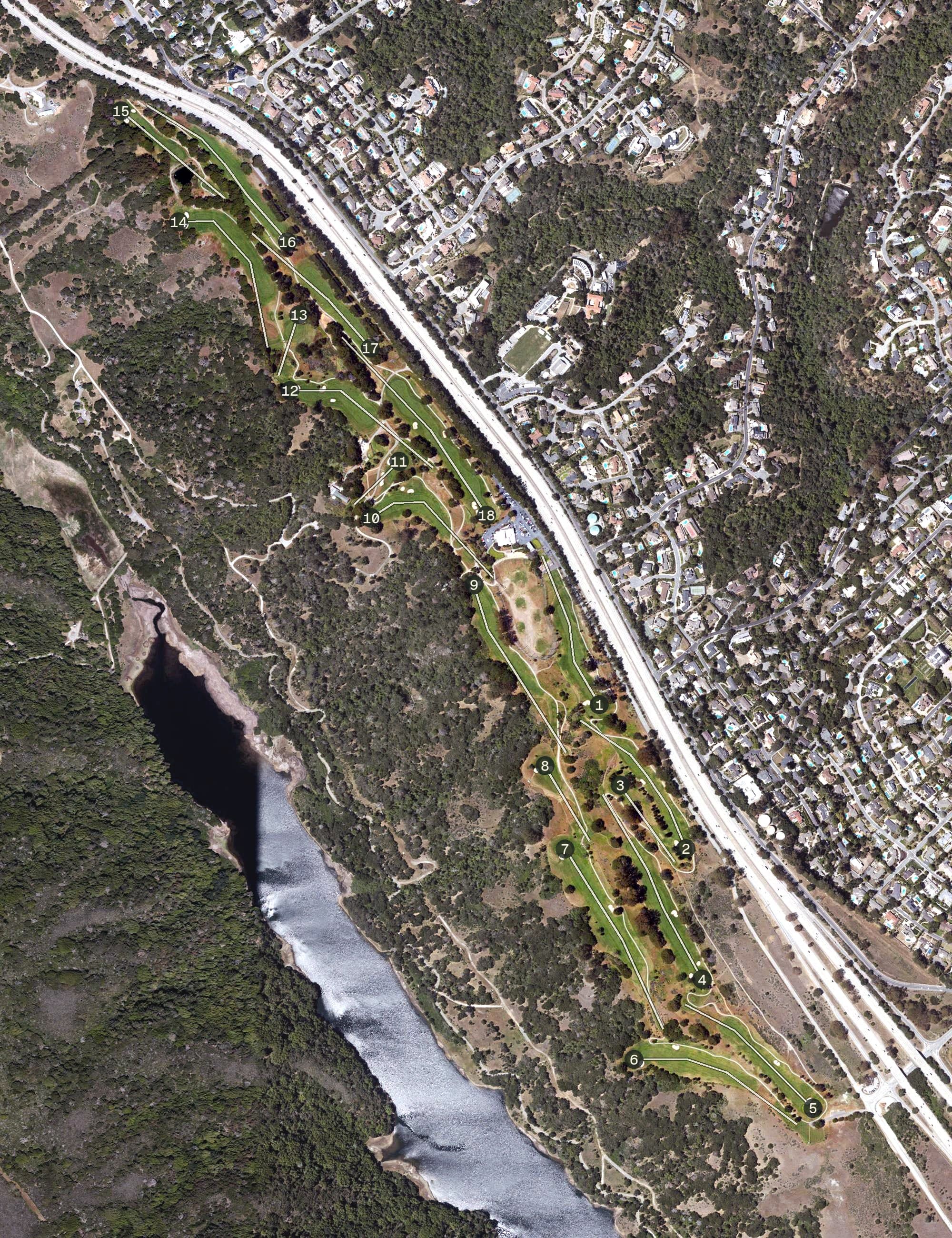 Aerial view of Crystal Springs Golf Course, CA, with its hole routing marked