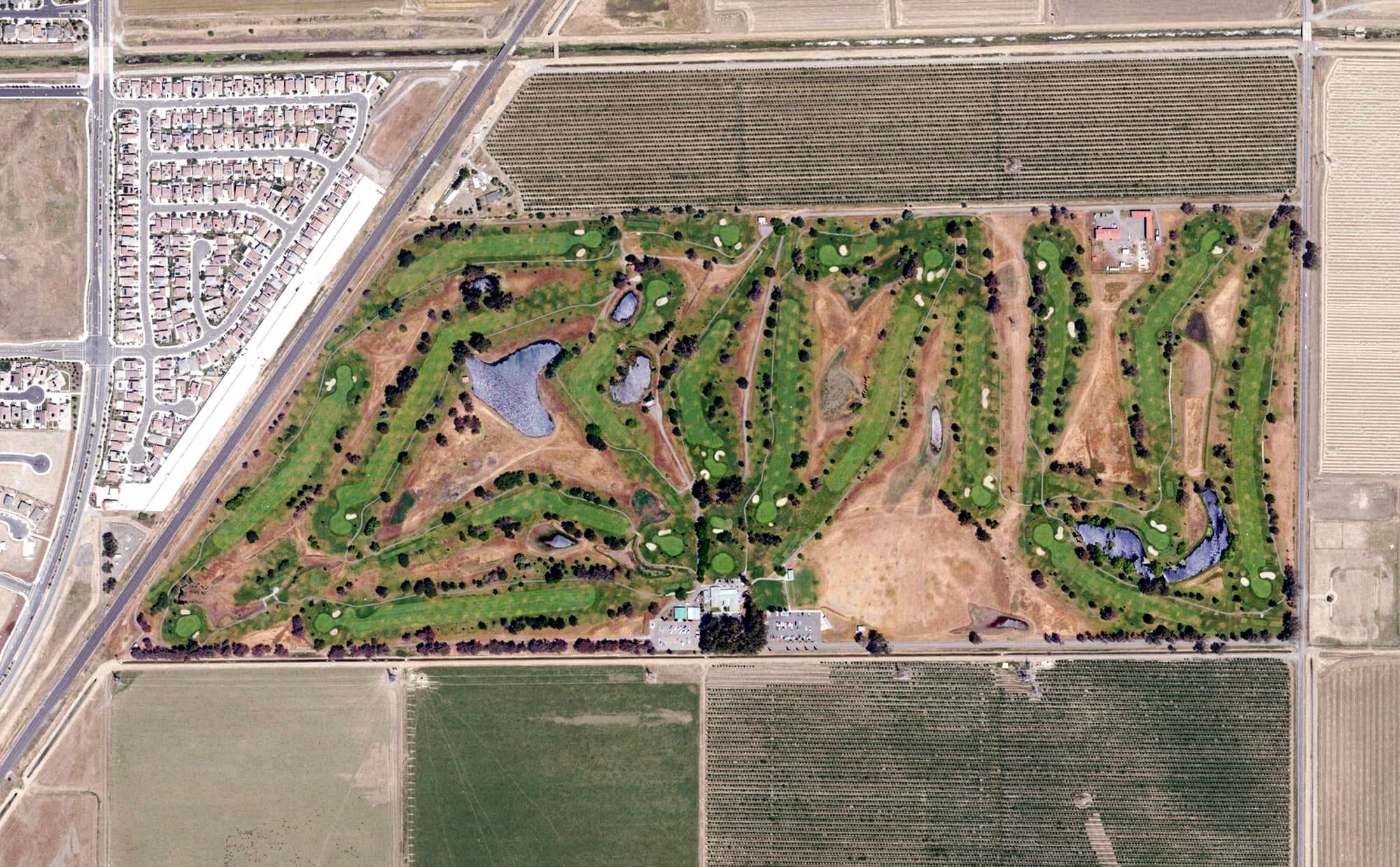 Aerial view of Cypress Lakes Golf Course, CA, with its hole routing marked