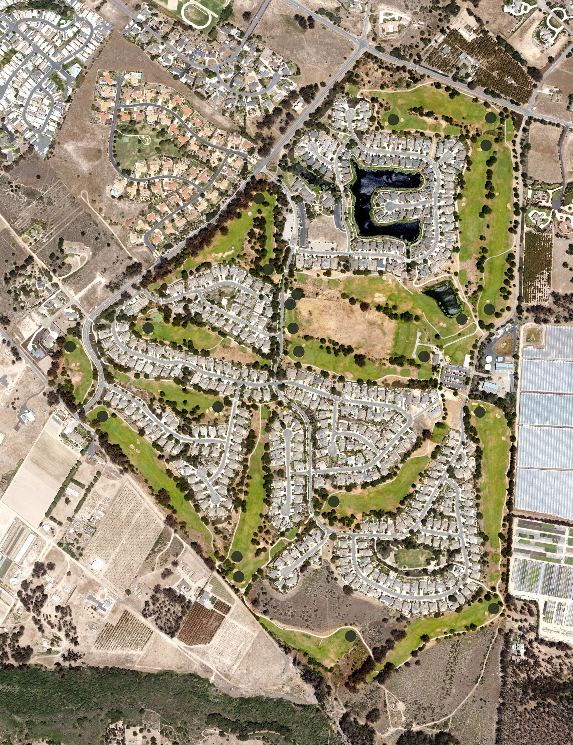Aerial view of Cypress Ridge Golf Course, CA, with its hole routing marked