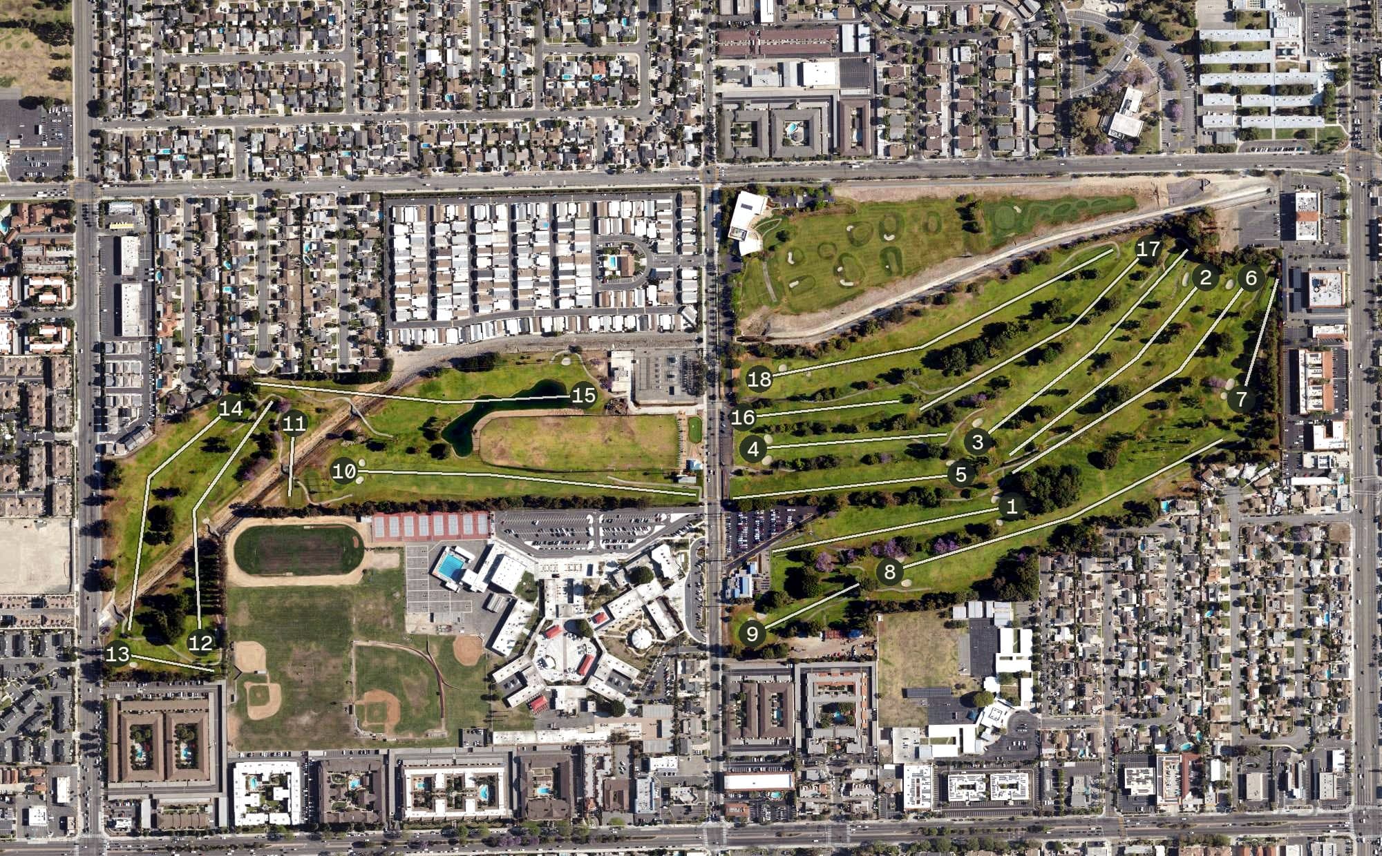 Aerial view of Dad Miller Golf Course, CA, with its hole routing marked