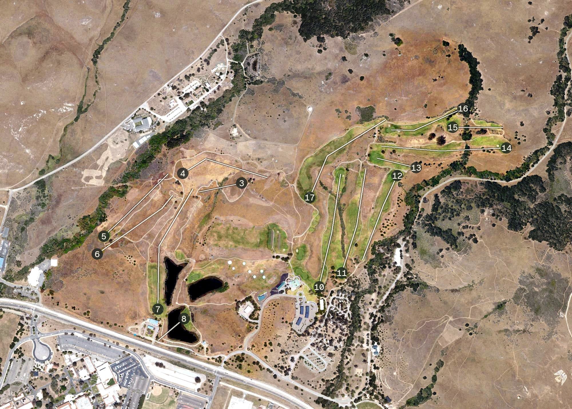 Aerial view of Dairy Creek Golf Course, CA, with its hole routing marked