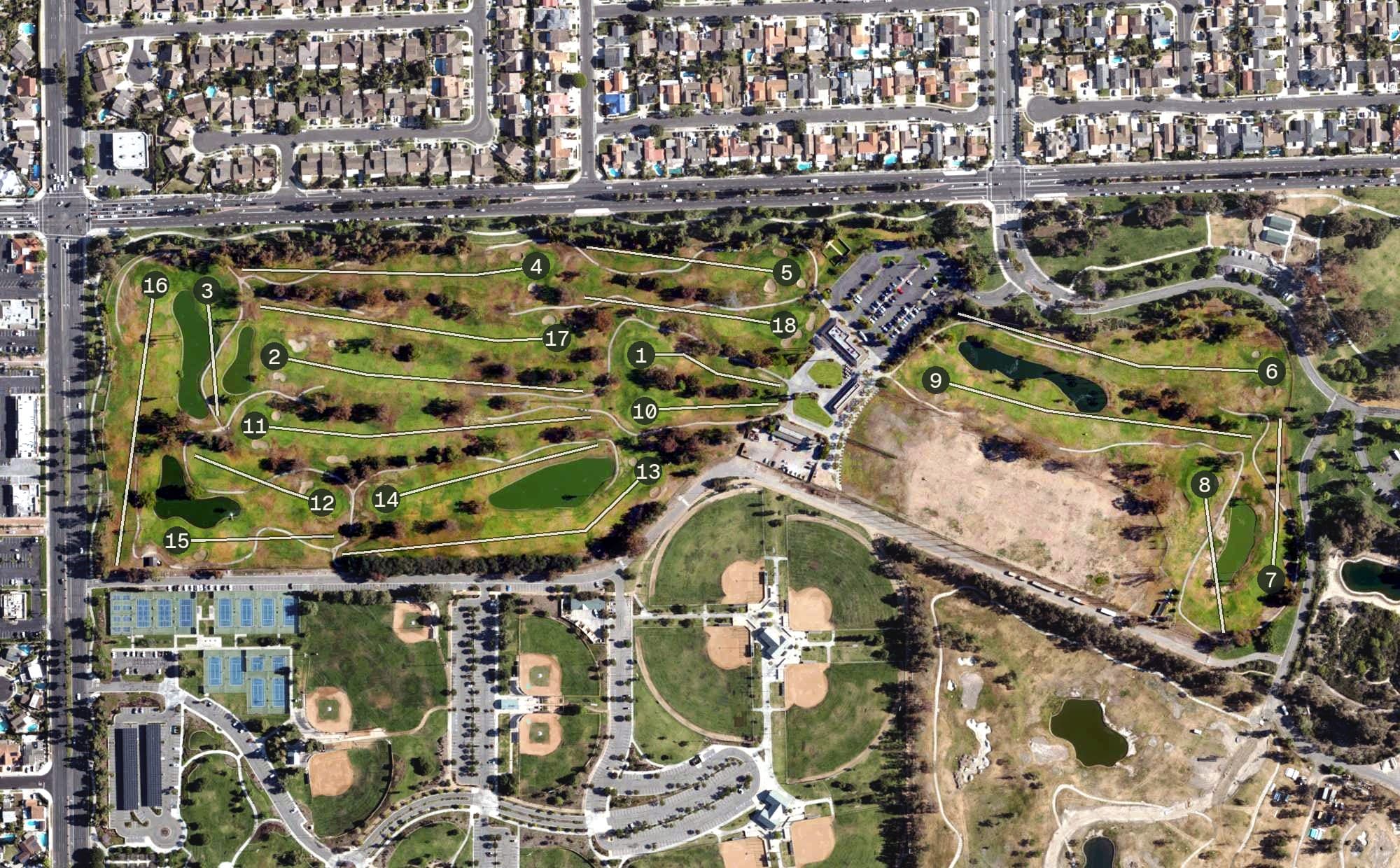 Aerial view of David L. Baker Golf Course, CA, with its hole routing marked