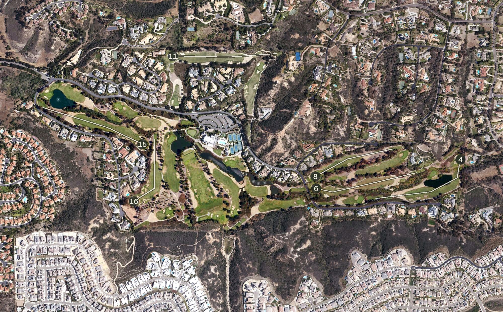 Aerial view of Del Mar Country Club, CA, with its hole routing marked