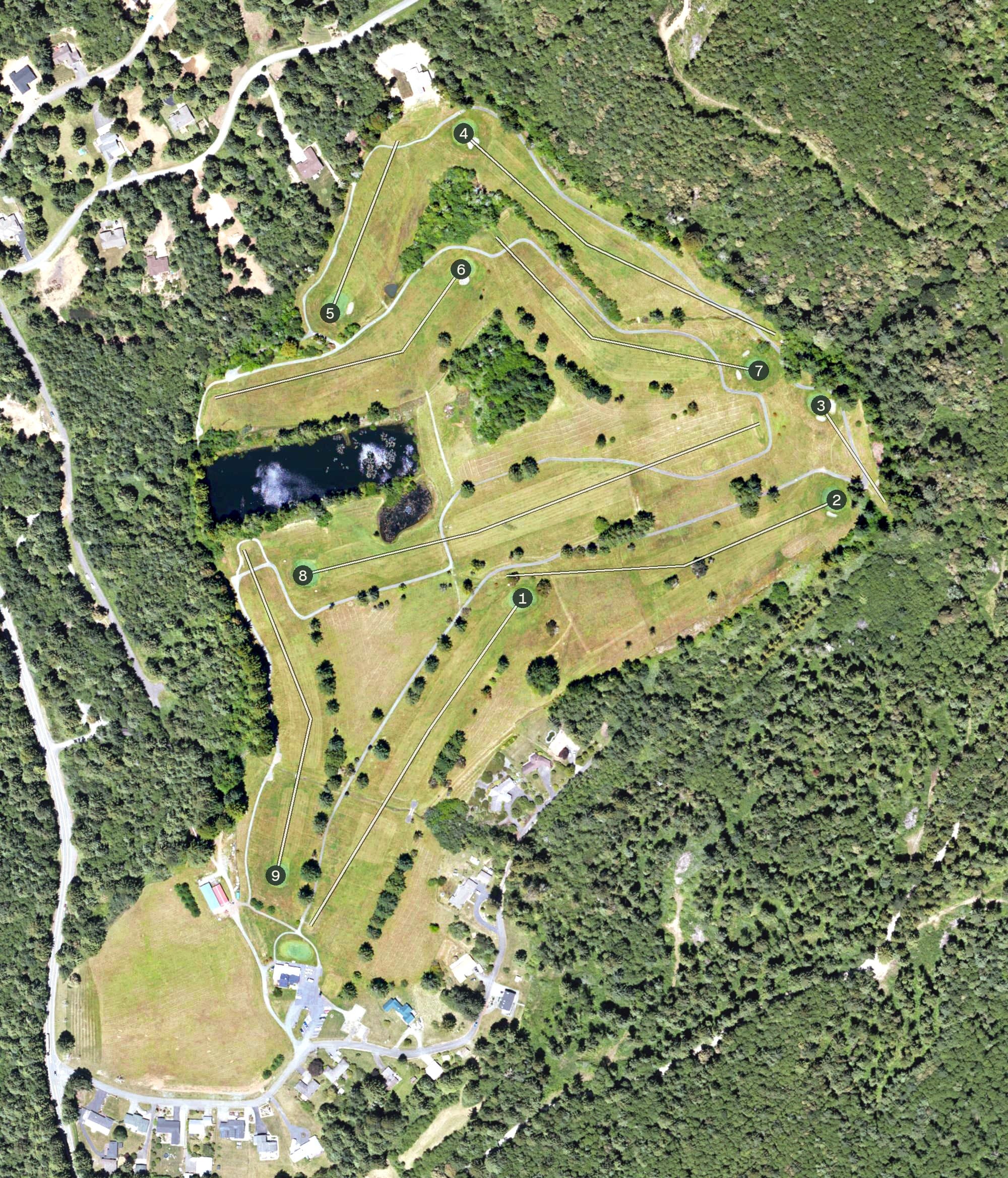 Aerial view of Del Norte Golf Course, CA, with its hole routing marked