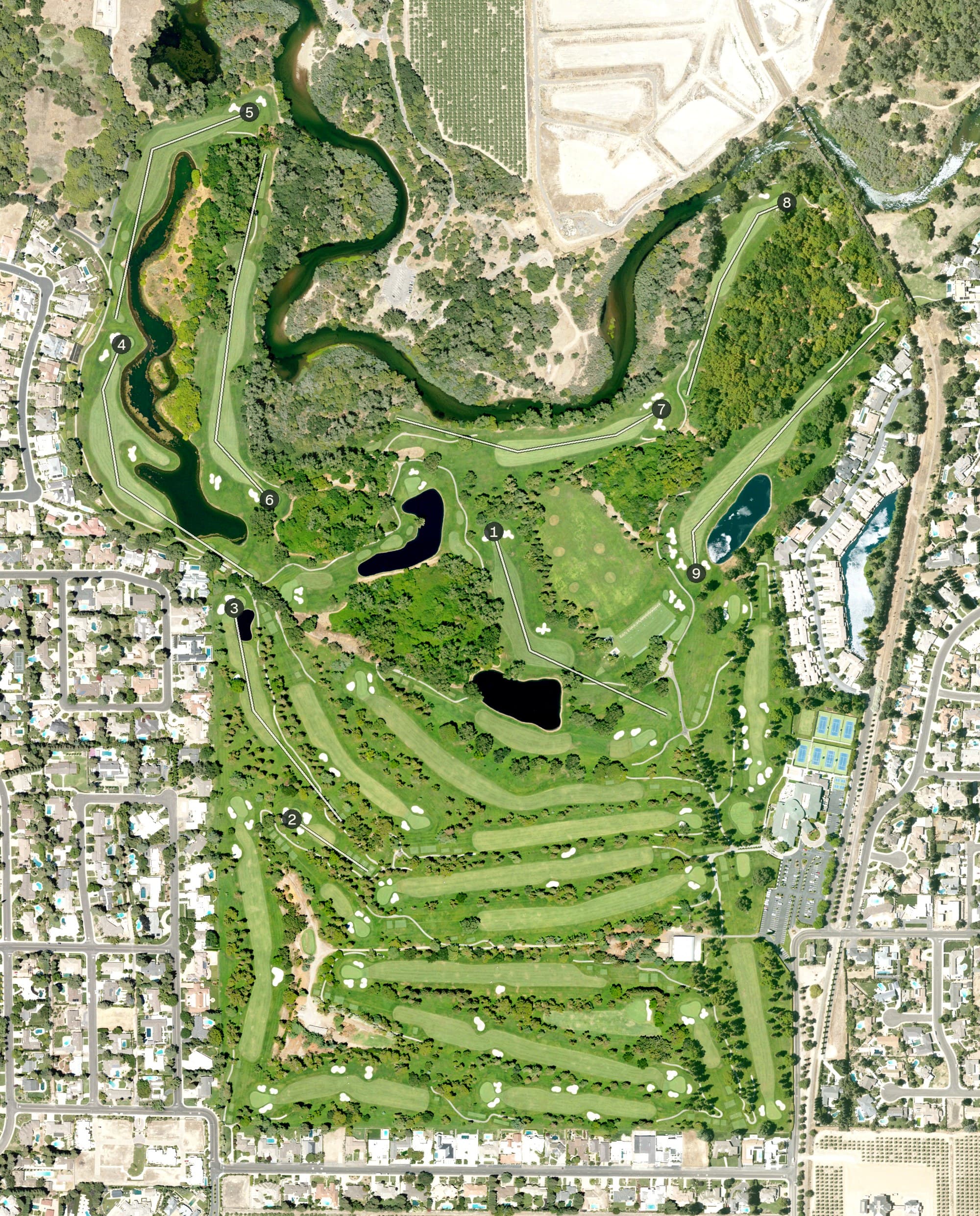 Aerial view of Del Rio Golf & Country Club, CA, with its hole routing marked
