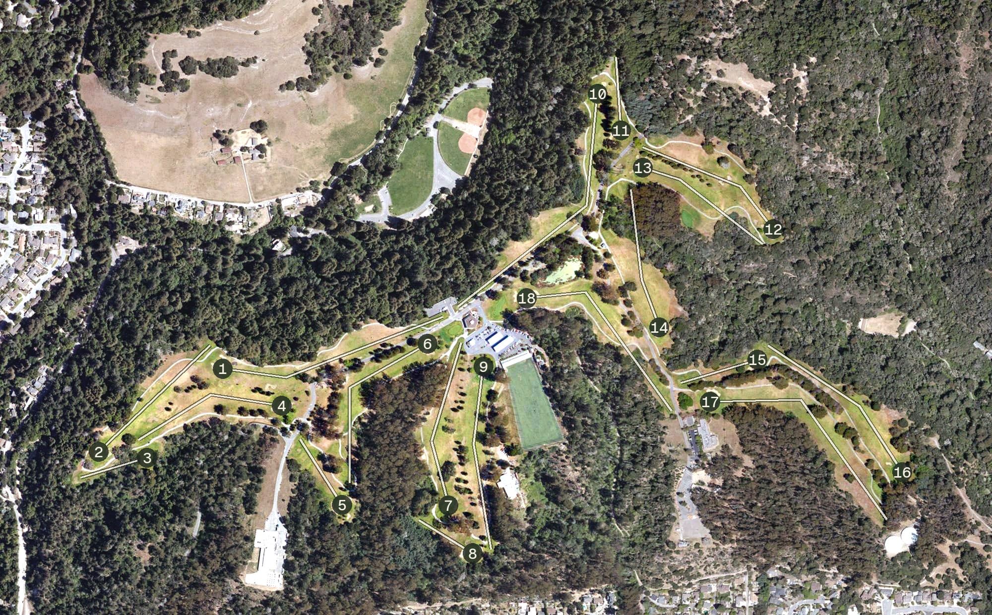 Aerial view of DeLaveaga Golf Course, CA, with its hole routing marked