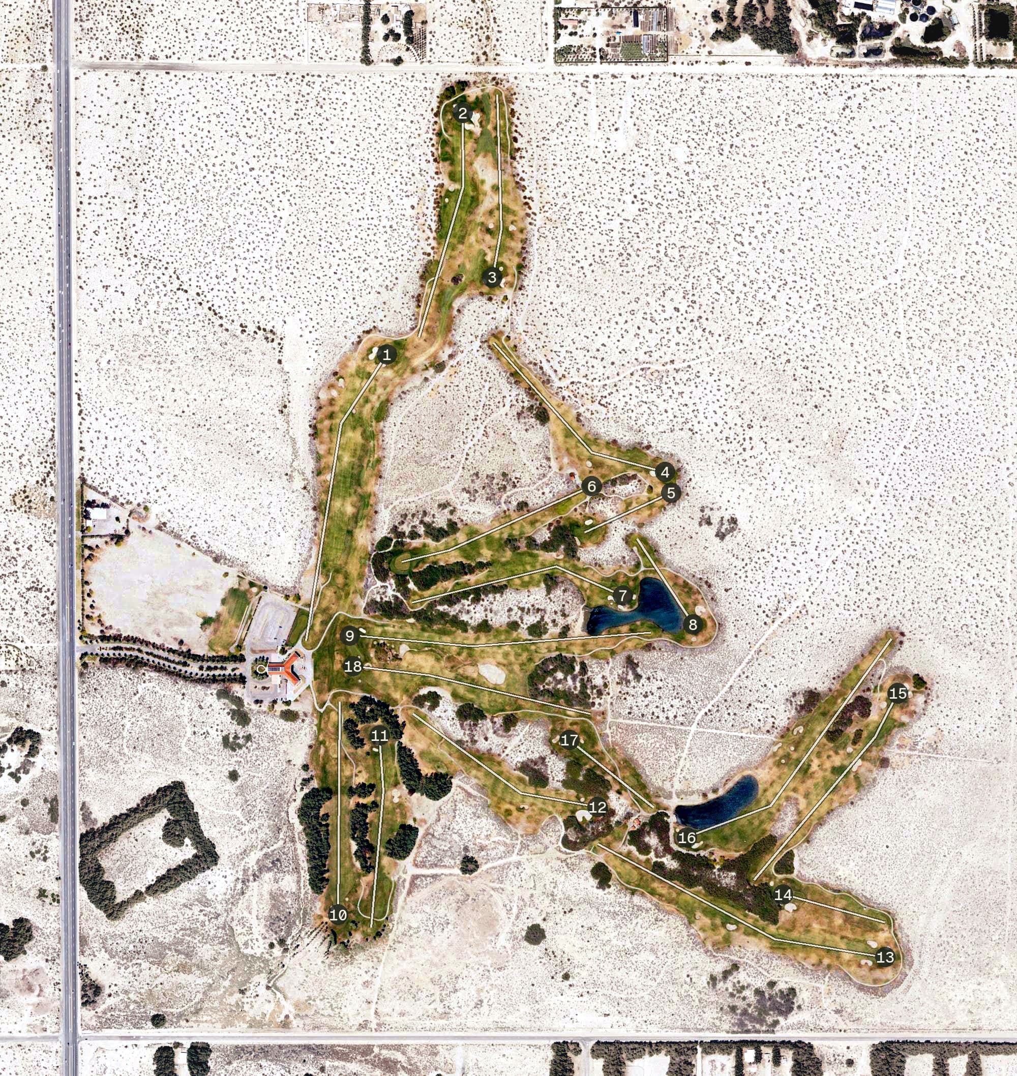 Aerial view of Desert Dunes Golf Course, CA, with its hole routing marked