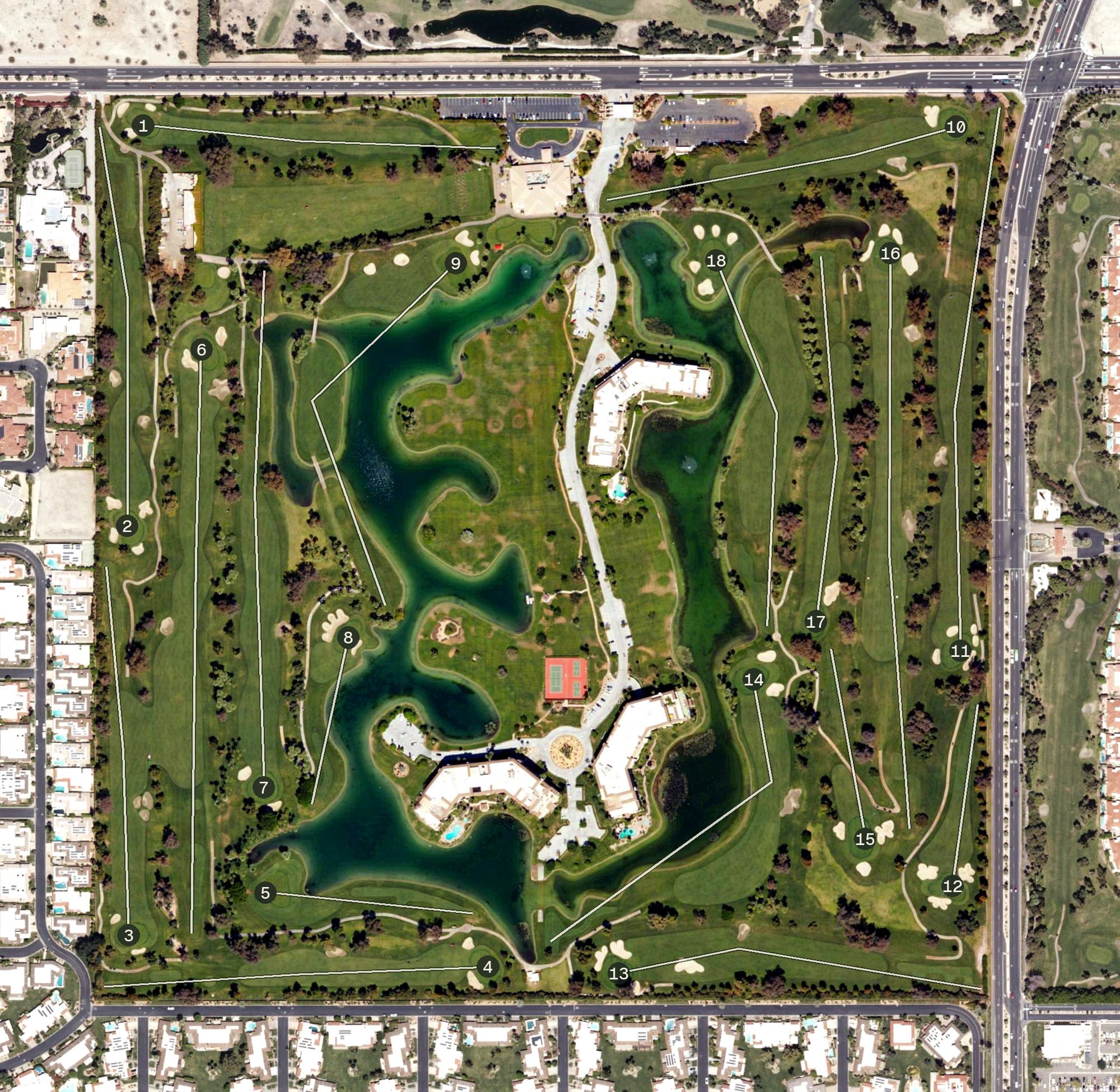 Aerial view of Desert Island Country Club, CA, with its hole routing marked