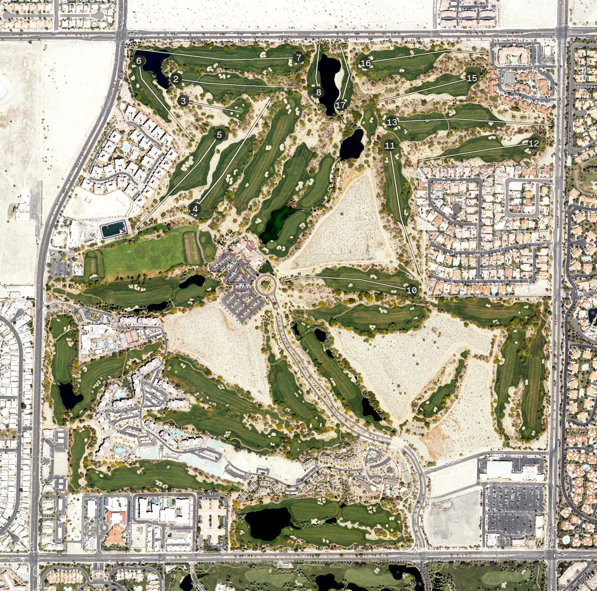 Aerial view of Desert Willow Golf Resort, CA, with its hole routing marked