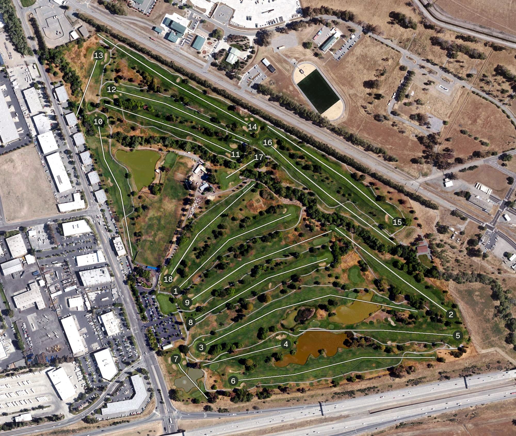 Aerial view of Diablo Creek Golf Course, CA, with its hole routing marked