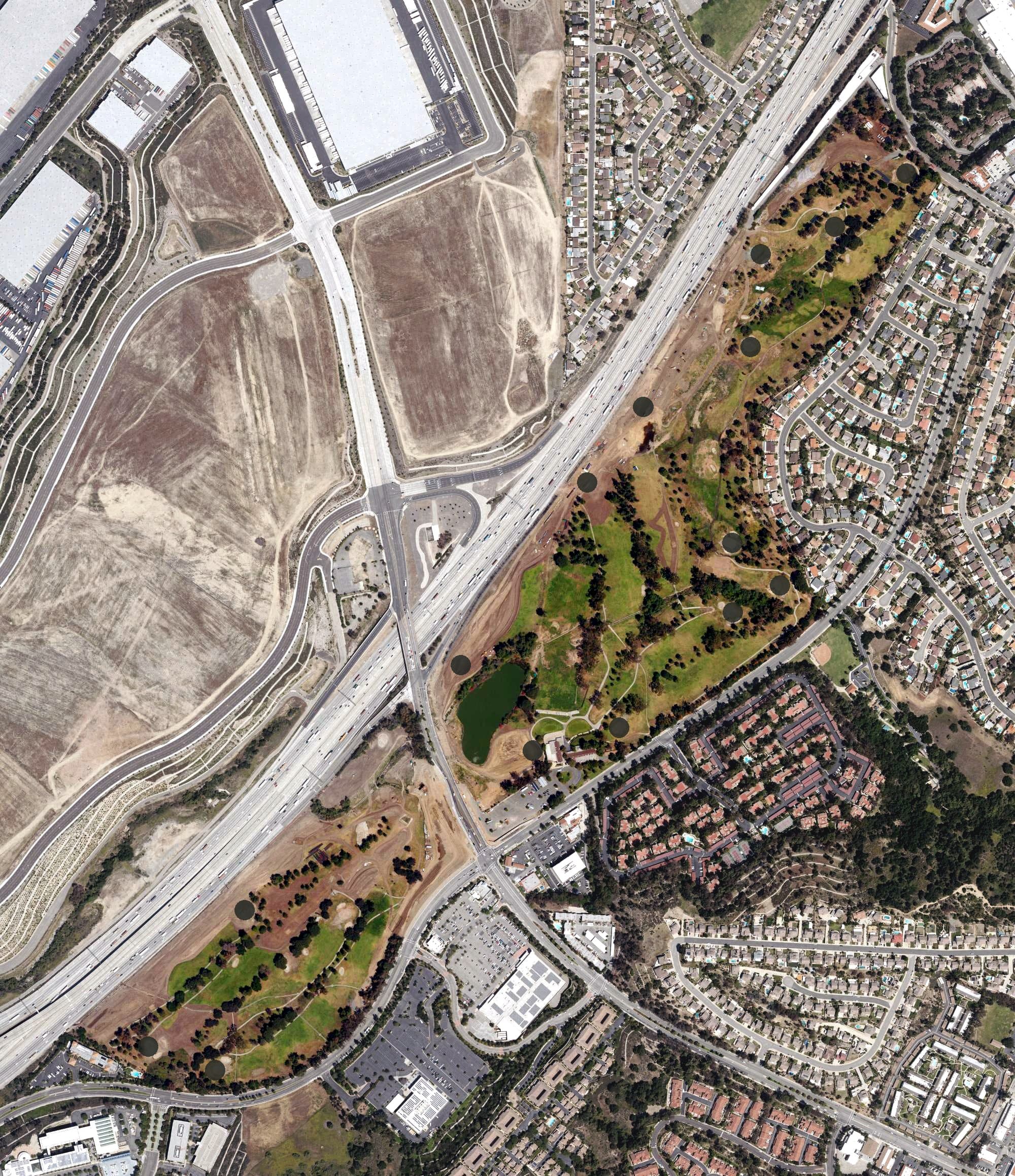 Aerial view of Diamond Bar Golf Course, CA, with its hole routing marked