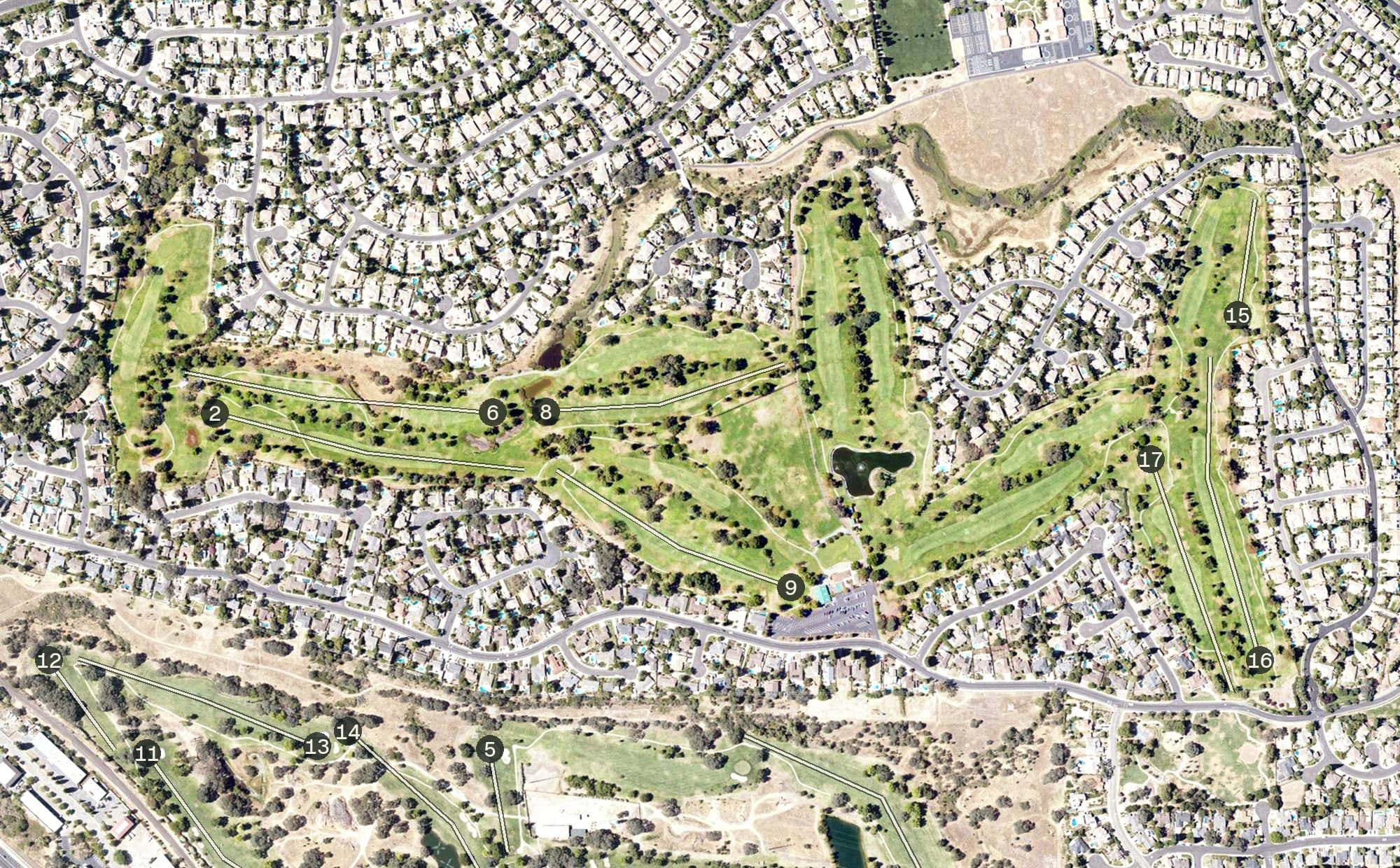 Aerial view of Diamond Oaks Golf Course, CA, with its hole routing marked