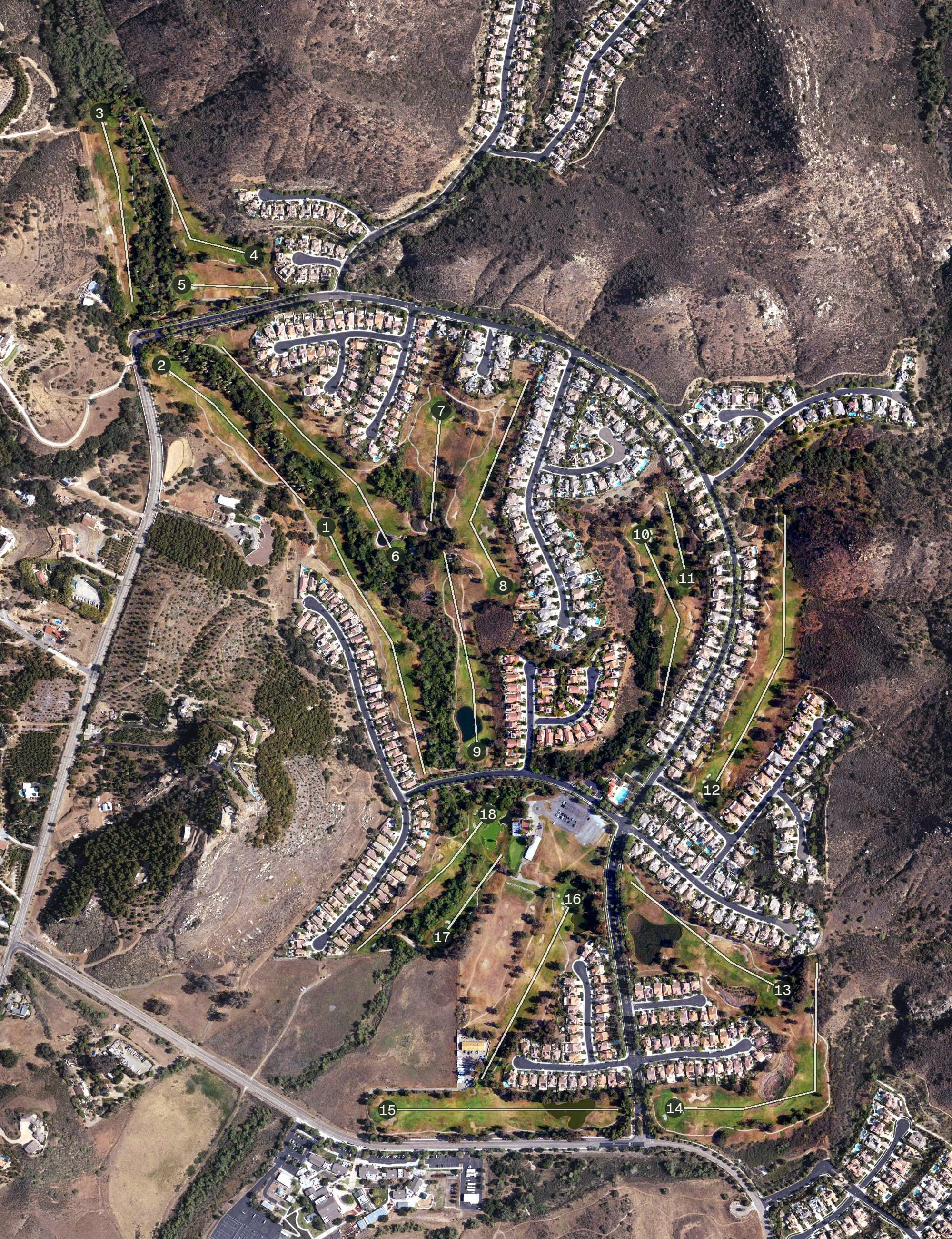 Aerial view of Dos Osos Golf Club, CA, with its hole routing marked
