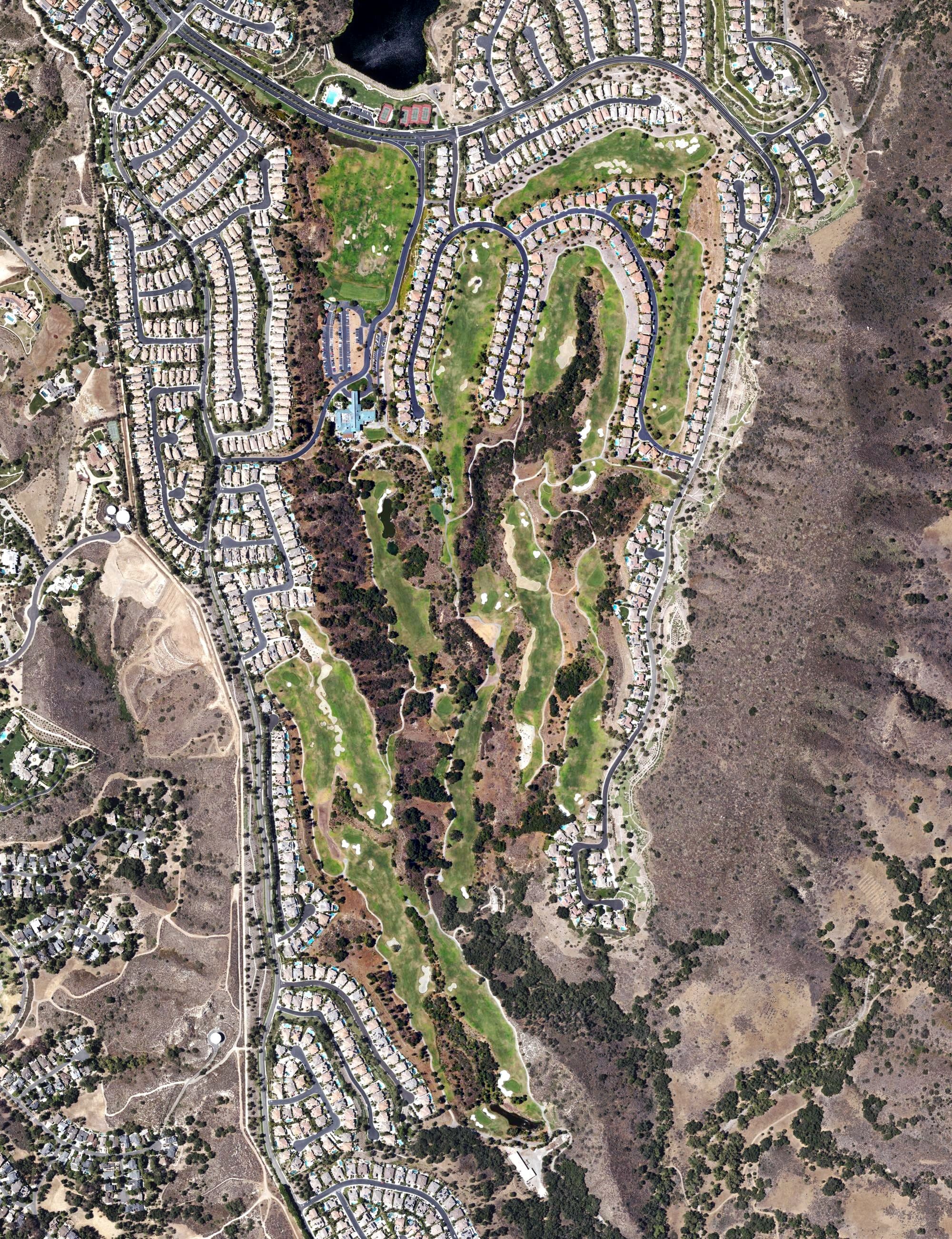 Aerial view of Dove Canyon Country Club, CA, with its hole routing marked