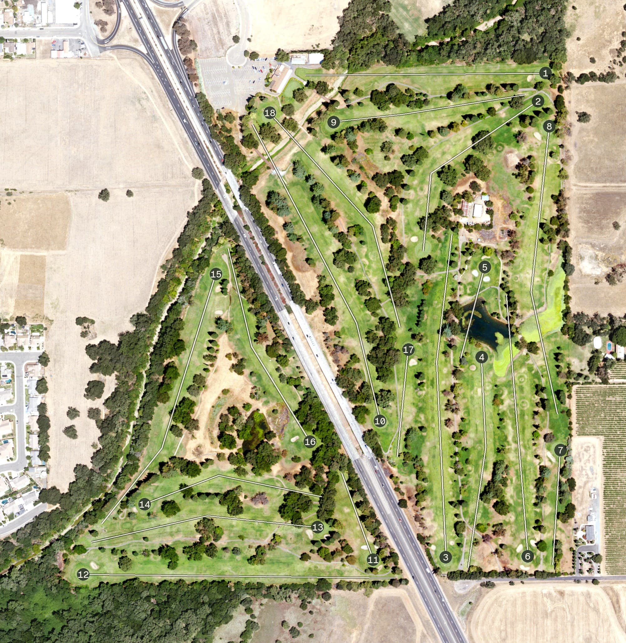 Aerial view of Dry Creek Ranch Golf Course, CA, with its hole routing marked