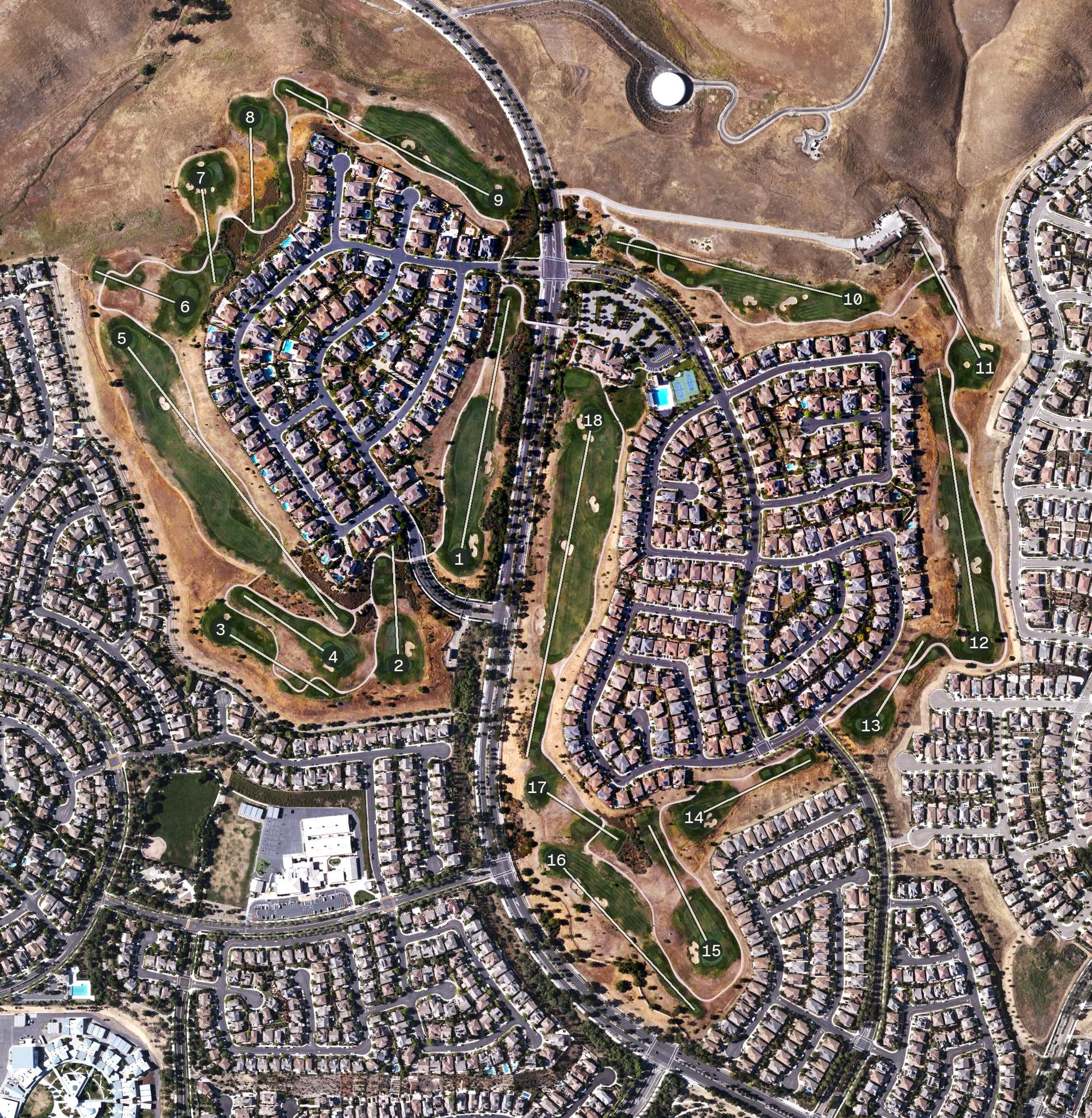 Aerial view of Dublin Ranch Golf Course, CA, with its hole routing marked