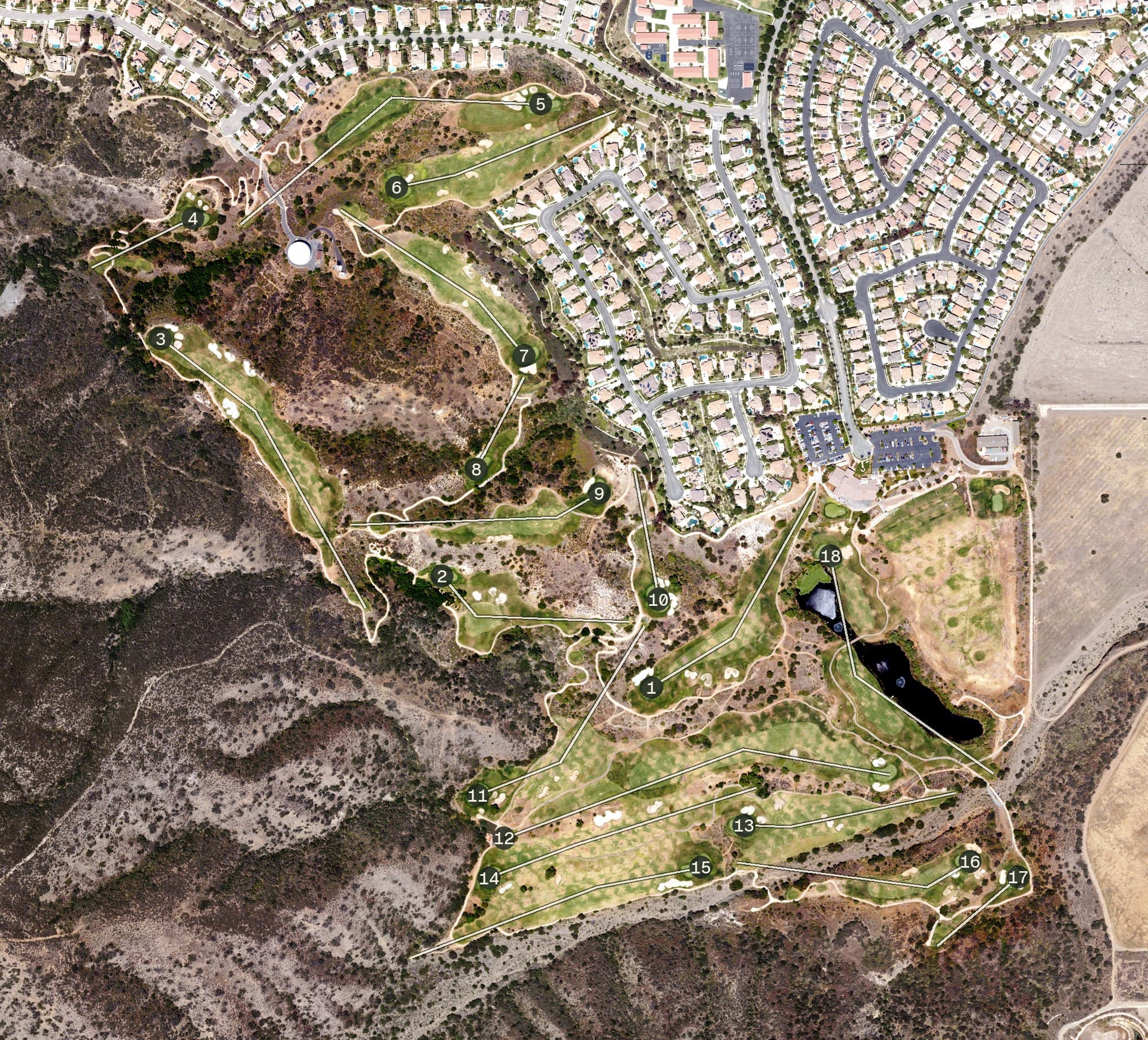 Aerial view of Eagle Glen Golf Club, CA, with its hole routing marked