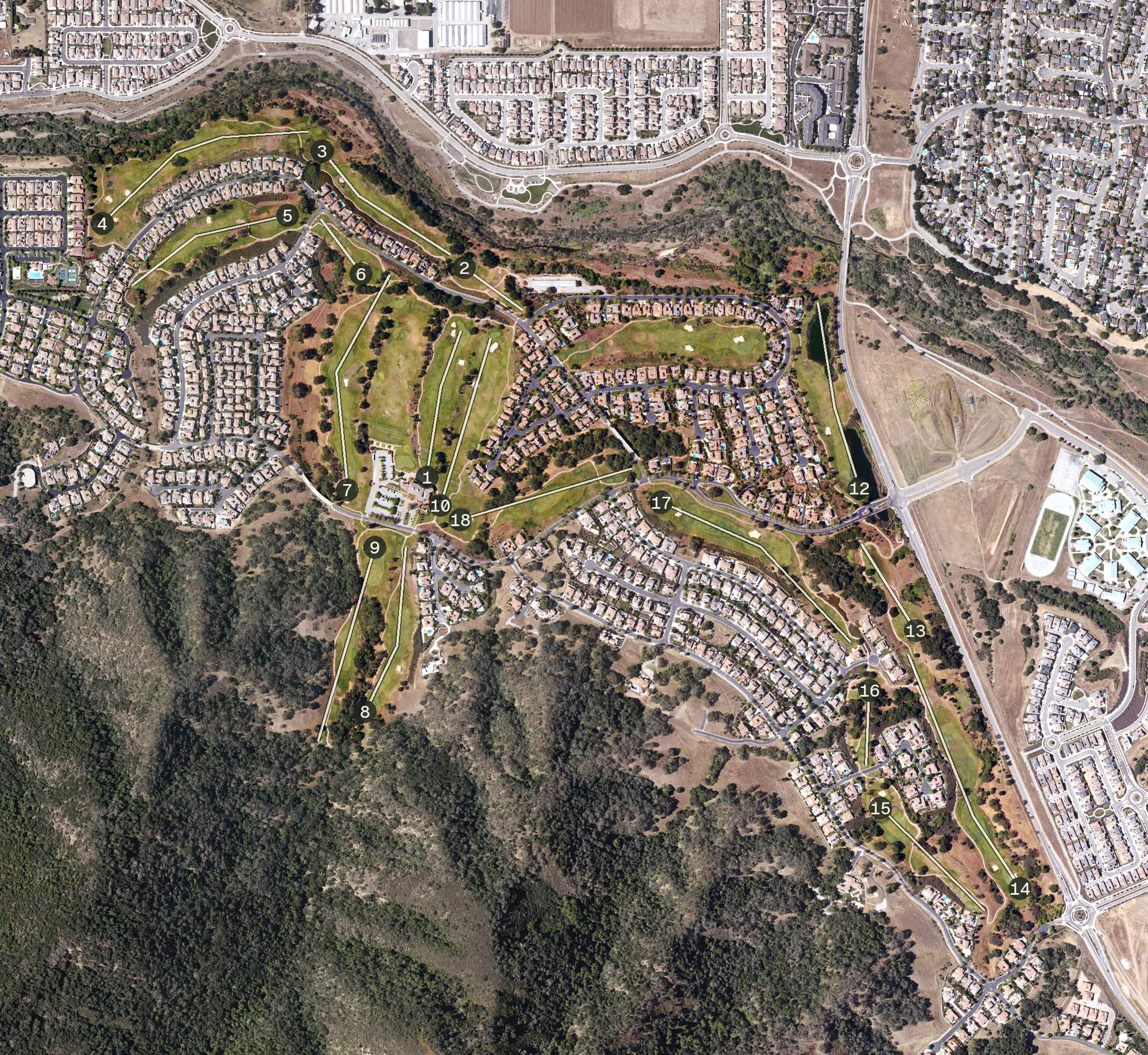 Aerial view of Eagle Ridge Golf Club, CA, with its hole routing marked