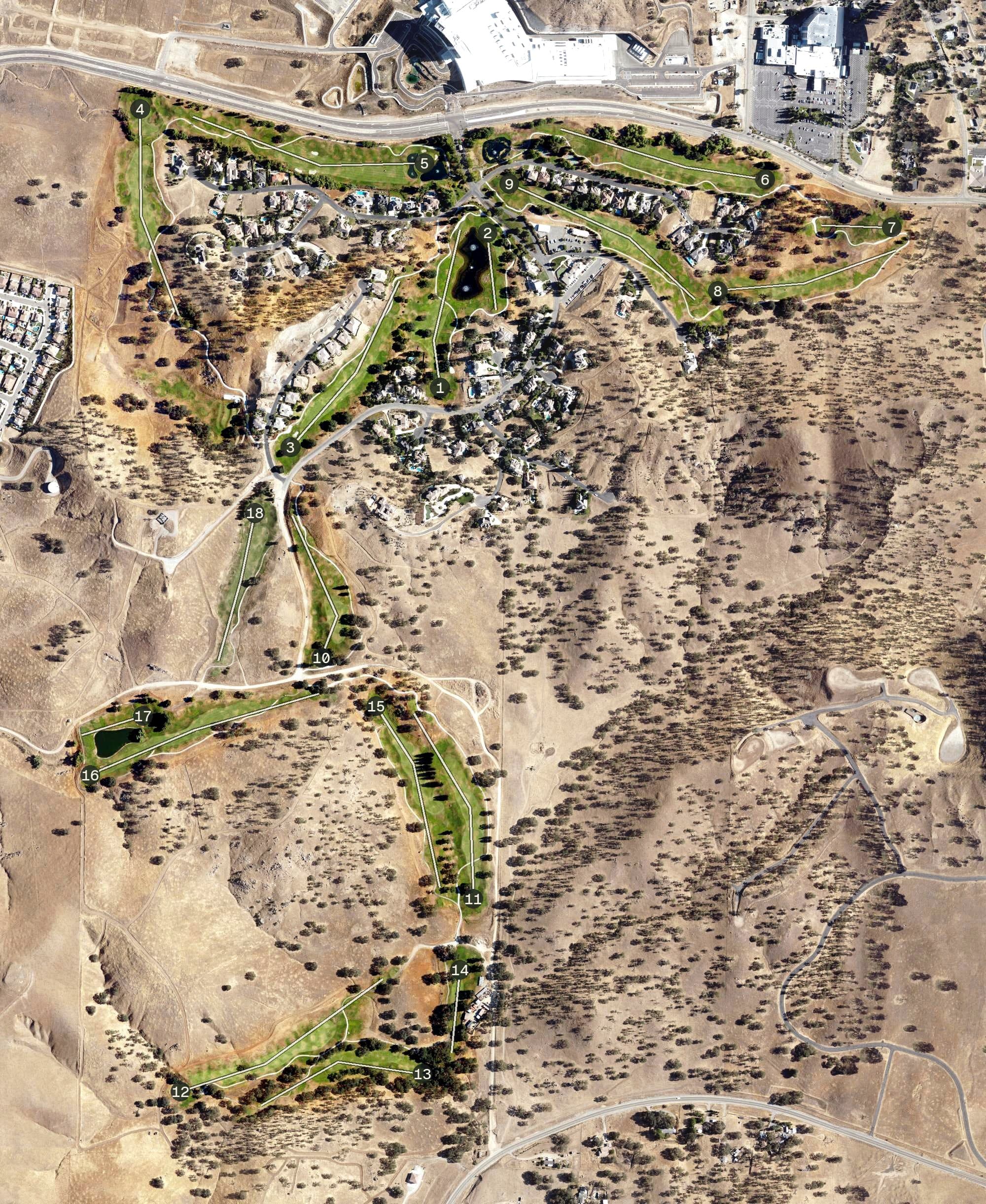 Aerial view of Eagle Springs Golf & Country, CA, with its hole routing marked
