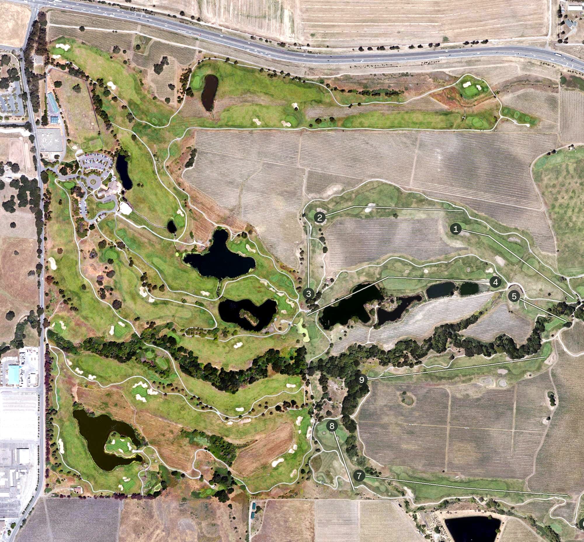Aerial view of Eagle Vines Golf Club, CA, with its hole routing marked