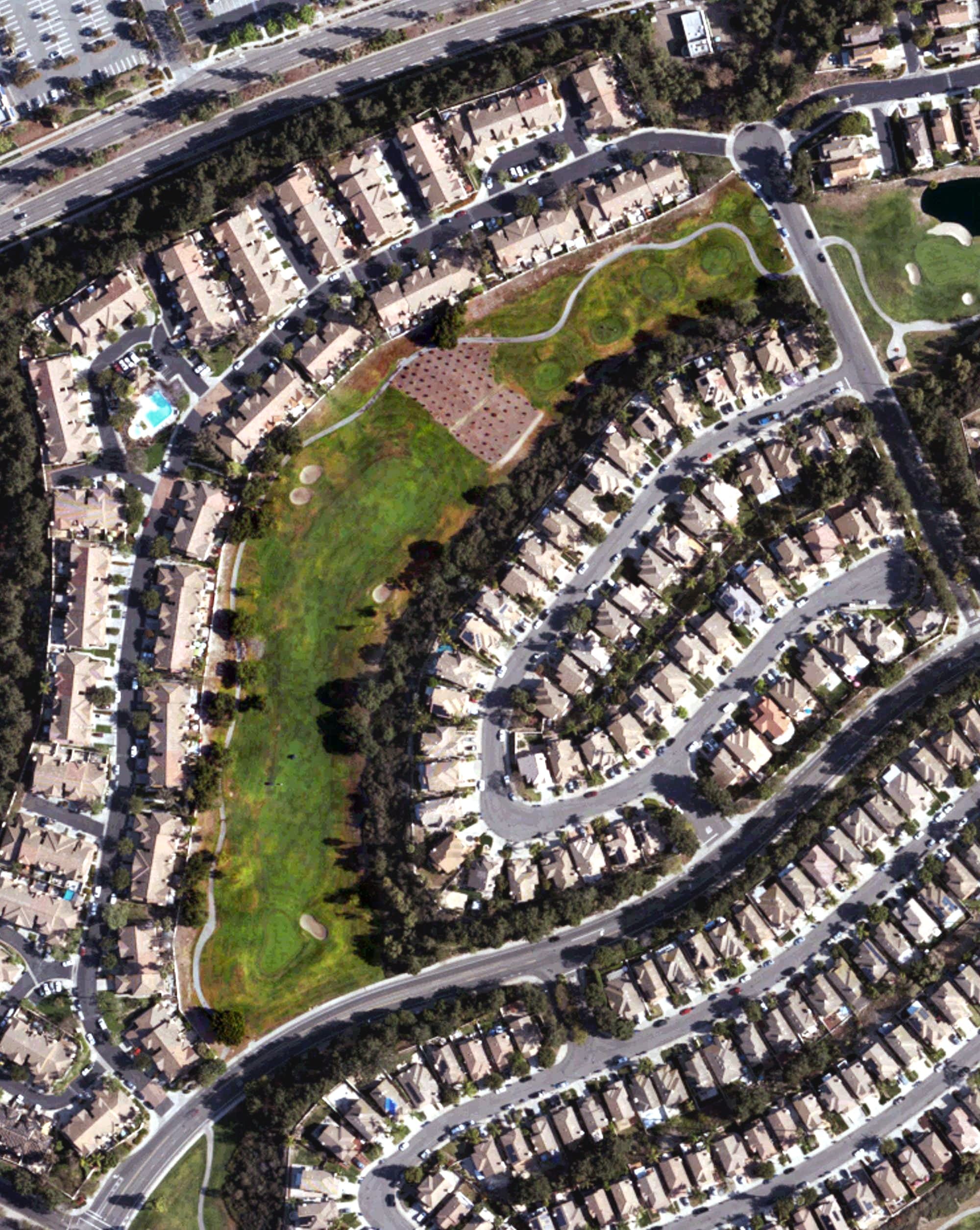 Aerial view of Eastlake Country Club, CA, with its hole routing marked